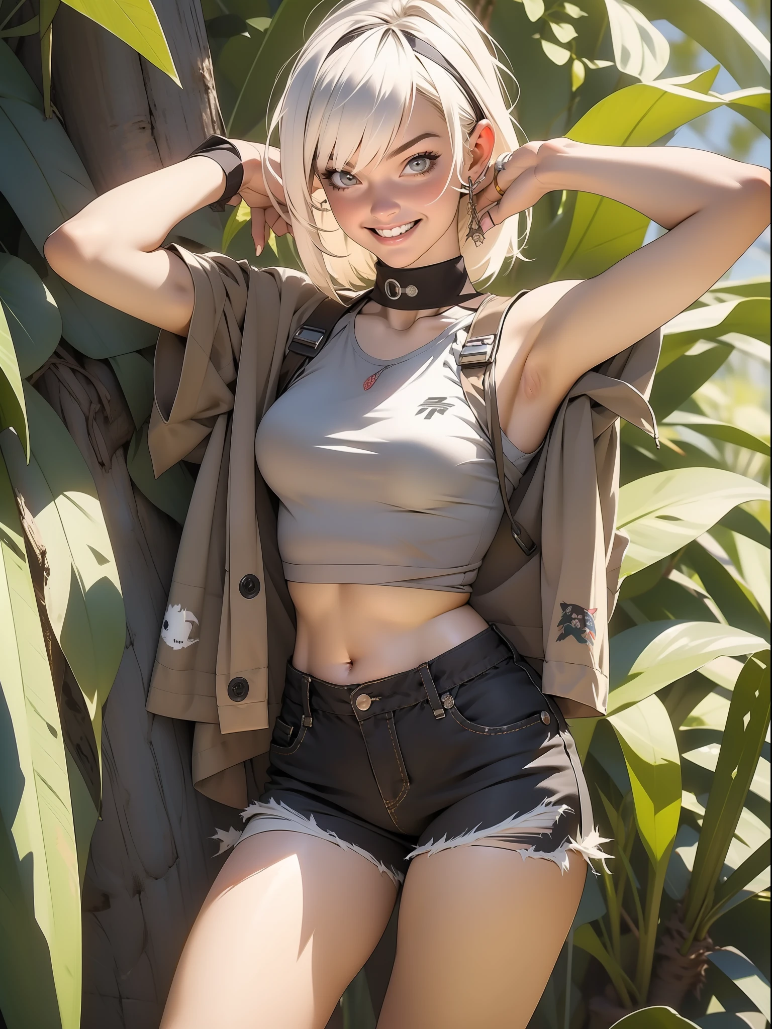 Nijistyle, uma garota furiosa como Tank girl, using a apocalíptico cloth, shorts com cinta liga, joelheiras, luvas camiseta curta mostrando a barriga, tatuagens, cabelos moicanos coloridos, funny with a mocking smile