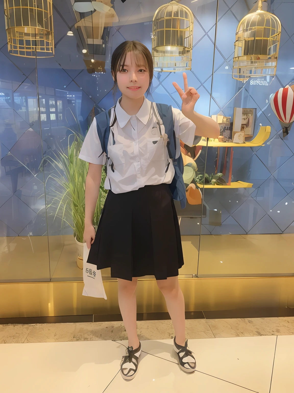 there is a woman standing in front of a display of birds, in school uniform, wearing a Japanese school uniform, in school uniform, Magical school student uniform, Student, girl in uniform, JK school uniform, xintong chen, wenfei ye, school uniform, Full body picture, photograph taken in 2 0 2 0, jinyiwei, Li Zixin