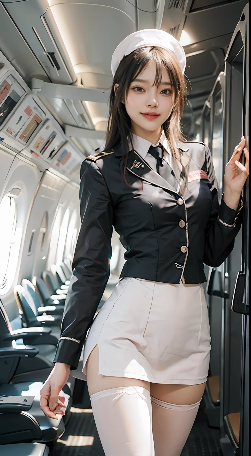 straight_hair, a beautifulchi girl, ((Flight attendant uniform))),(curtsy ),(cinematic_angle),(White pantyhose), side style, airplane interior, Seductive_Smile, Small head, bangs, urban, Small head, Pale pink lips, Happy, mediating_breats, Small hips, Slender body