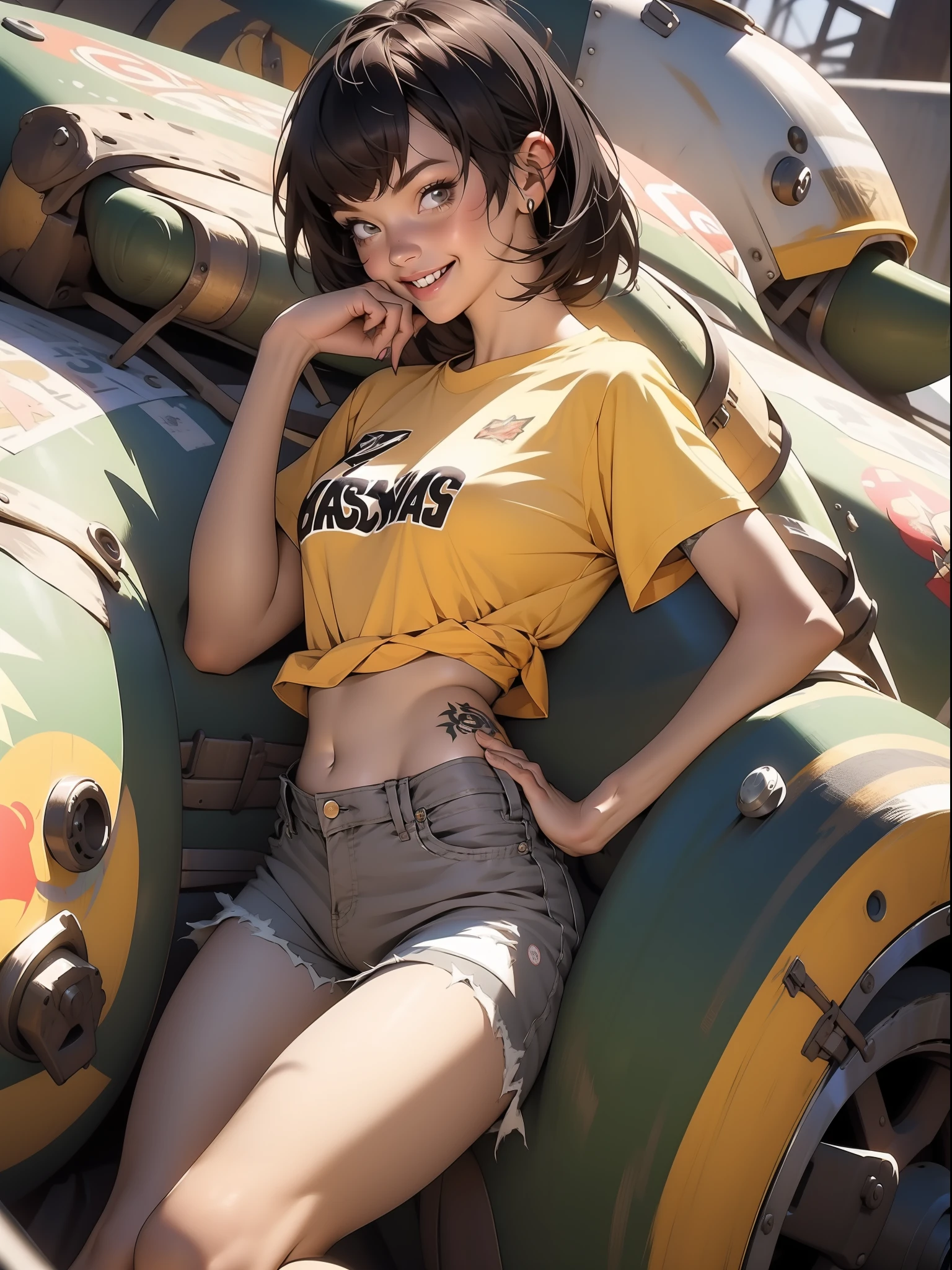 Nijistyle, uma garota furiosa como Tank girl, using a apocalíptico cloth, shorts com cinta liga, joelheiras, luvas camiseta curta mostrando a barriga, tatuagens, cabelos moicanos coloridos, funny with a mocking smile