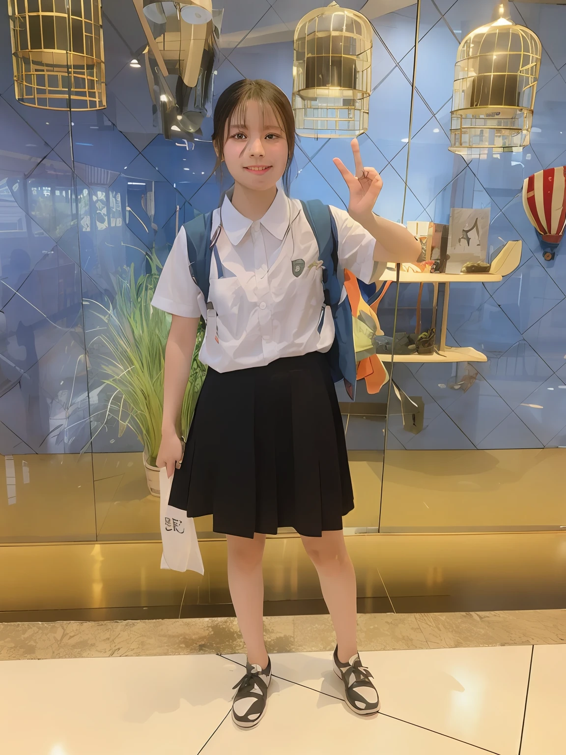 there is a woman standing in front of a display of birds, in school uniform, wearing a Japanese school uniform, in school uniform, Magical school student uniform, Student, girl in uniform, JK school uniform, xintong chen, wenfei ye, school uniform, Full body picture, photograph taken in 2 0 2 0, jinyiwei, Li Zixin