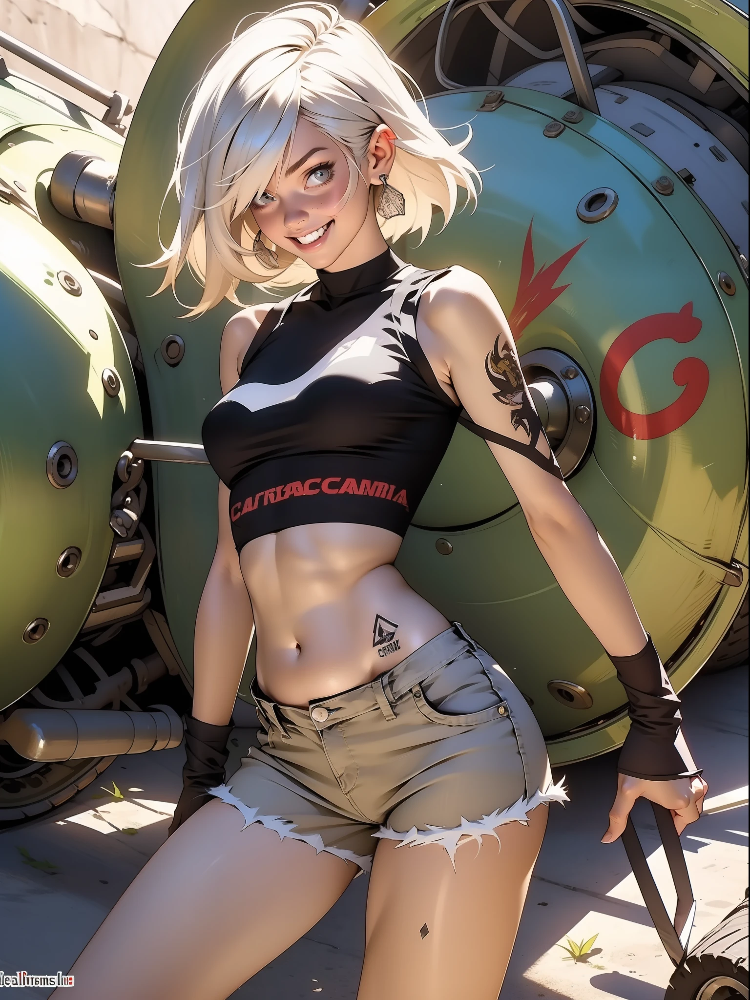 Nijistyle, uma garota furiosa como Tank girl, using a apocalíptico cloth, shorts com cinta liga, joelheiras, luvas camiseta curta mostrando a barriga, tatuagens, cabelos moicanos coloridos, funny with a mocking smile