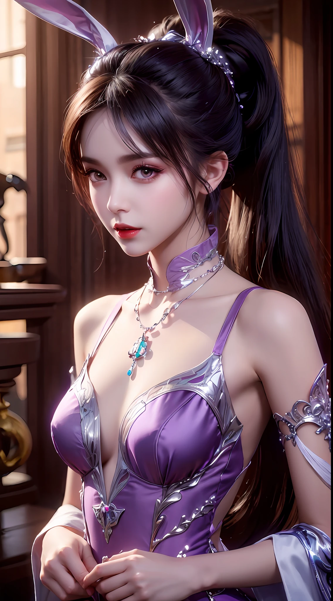 1 beautiful girl in Han costume, thin purple silk shirt with white color with many textures, white lace top, long platinum purple ponytail, hair jewelry, ear jewelry, light purple rabbit ears, necklace and necklace, meticulously drawn large purple eyes, meticulous makeup, thin eyebrows, high nose, lovely red lips, not smiling, pursed lips, rosy cheeks, wide breasts, big breasts , well-proportioned bust, slim waist, purple mesh socks, chinese hanfu style, fictitious art textures, vivid and realistic colors, RAW photos, realistic photos, ultra high quality 8k surreal photos, (effective fantasy light effect: 1.8), 10x pixel, magic effect (background): 1.8), super detailed eyes, girl body portrait, solo girl, ancient hanfu background,