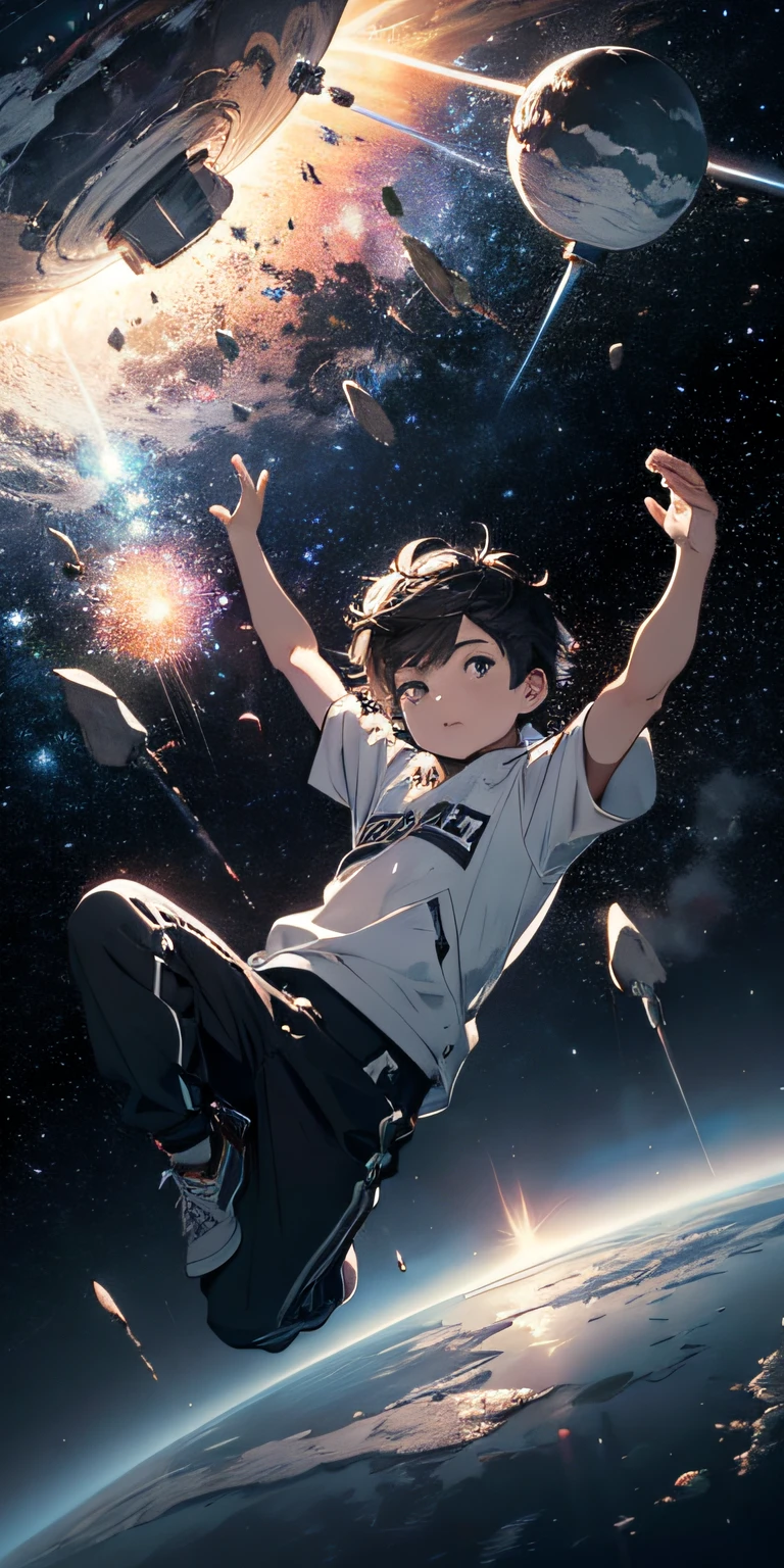 A high resolution(Masterpiece:1.4),ultra - detailed,Presented from above,Boy floating in space,The background has meteors and cosmic elements。