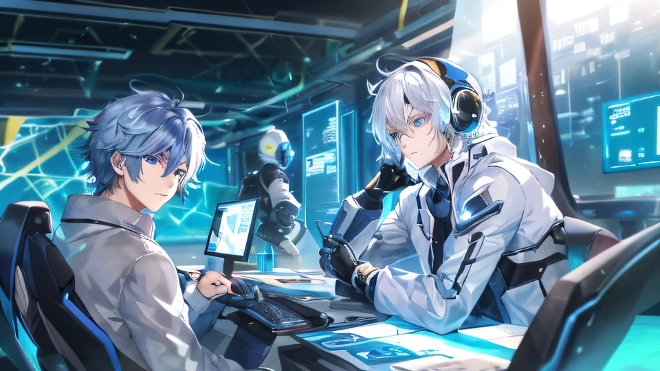 two young men A (left) and B (right) sitting in a room with a laptop and a monitor, a robot behind them, man A has (blue eyes) (blue short hair)(gentle)(genius), man B has (green eyes) (white long curly hair) (enchanting)(dangerous)(genius), best anime 4k konachan wallpaper