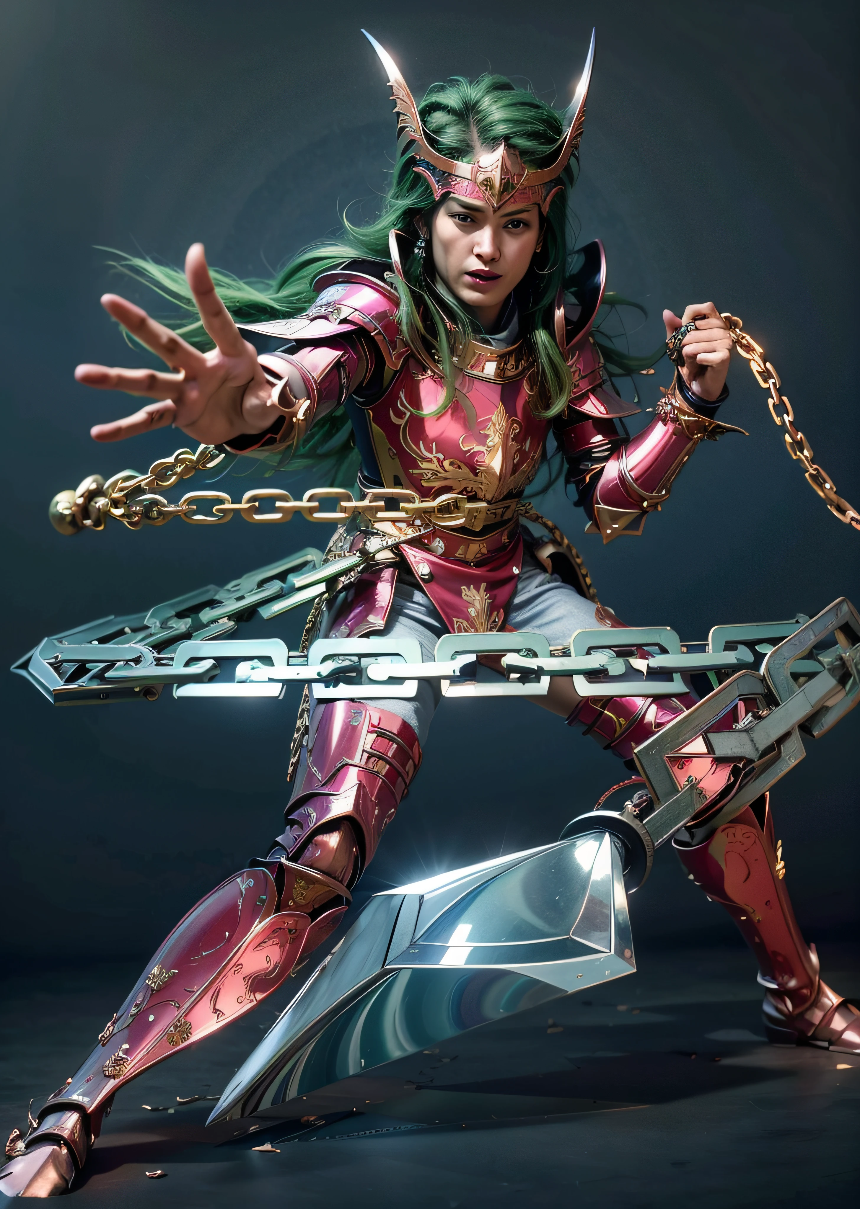 A Saint Seiya in pink armor,Beautiful girls,Green hair,green-eyed,Holding a metallic curb,The metal reflection of the chain is very real