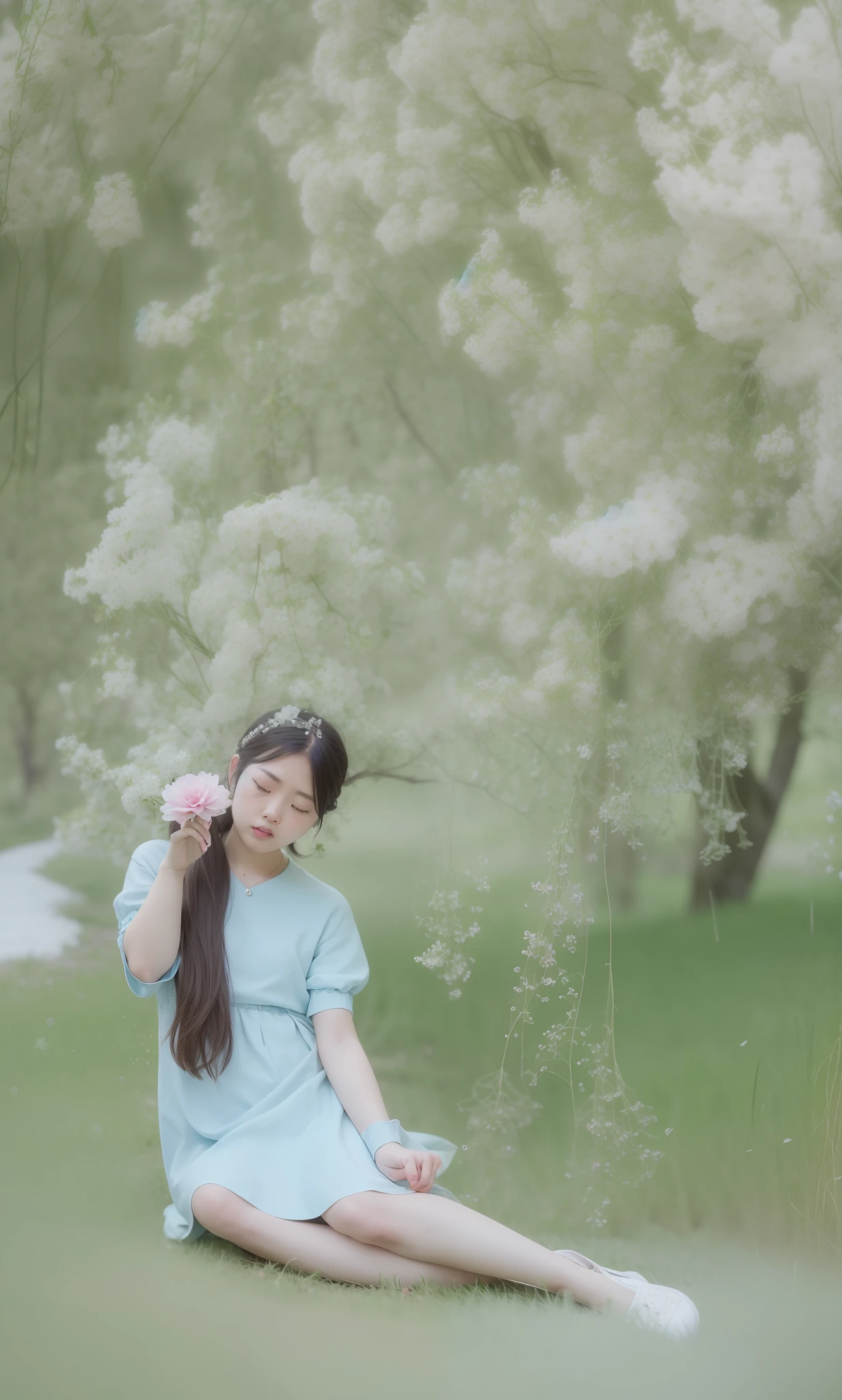 there is a woman sitting on the ground in a dress, author:Chen Tingfo, rinko kawauchi, with bloom ethereal effects, low quality photo, with frozen flowers around her, By Leng Mei, lost in a dreamy fairy landscape, with ethereal light, With flowers, Girl in flowers, in the middle of nature, 8K 50mm ISO 10