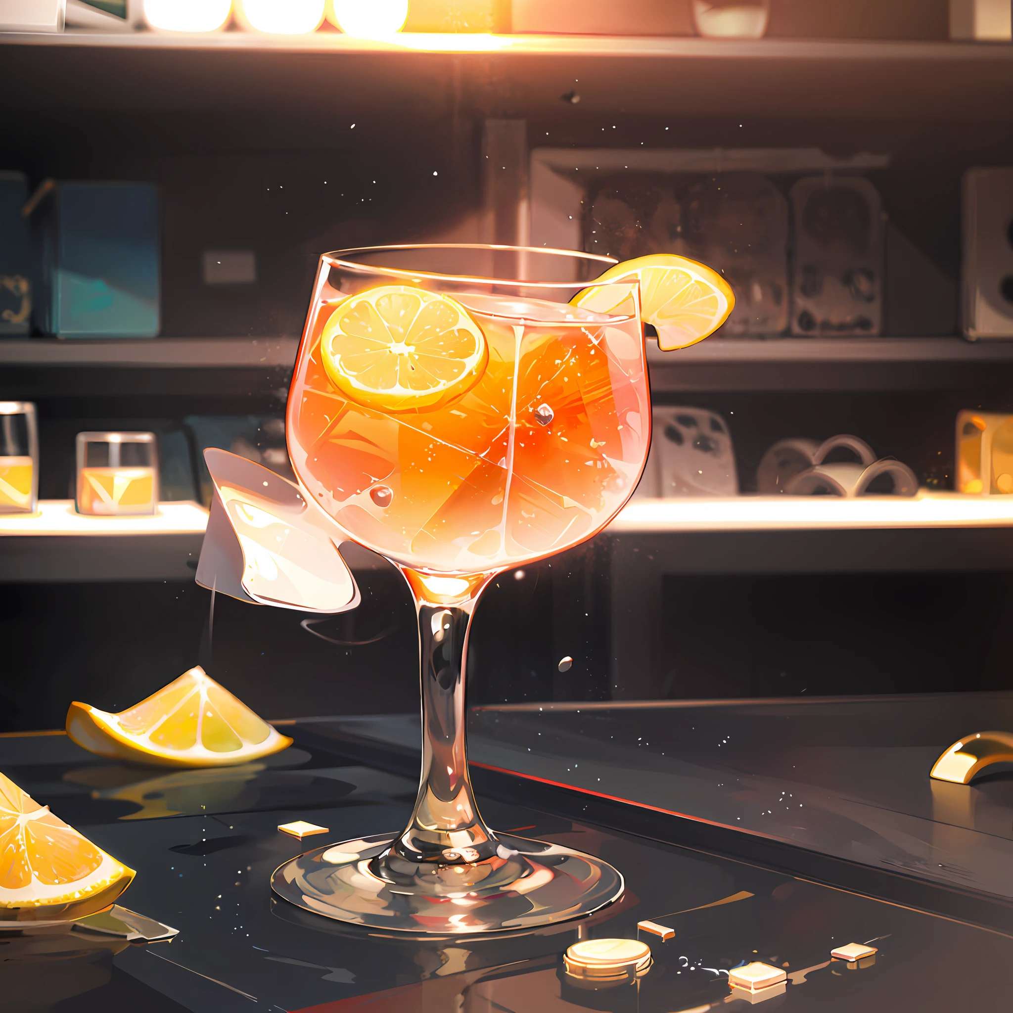 1 cup of clear glass bubbling with refreshing lemonade,Their backgrounds become blurred,Layers,It's very desirable,It's a perfect picture that only exists in the Cocktailworld。