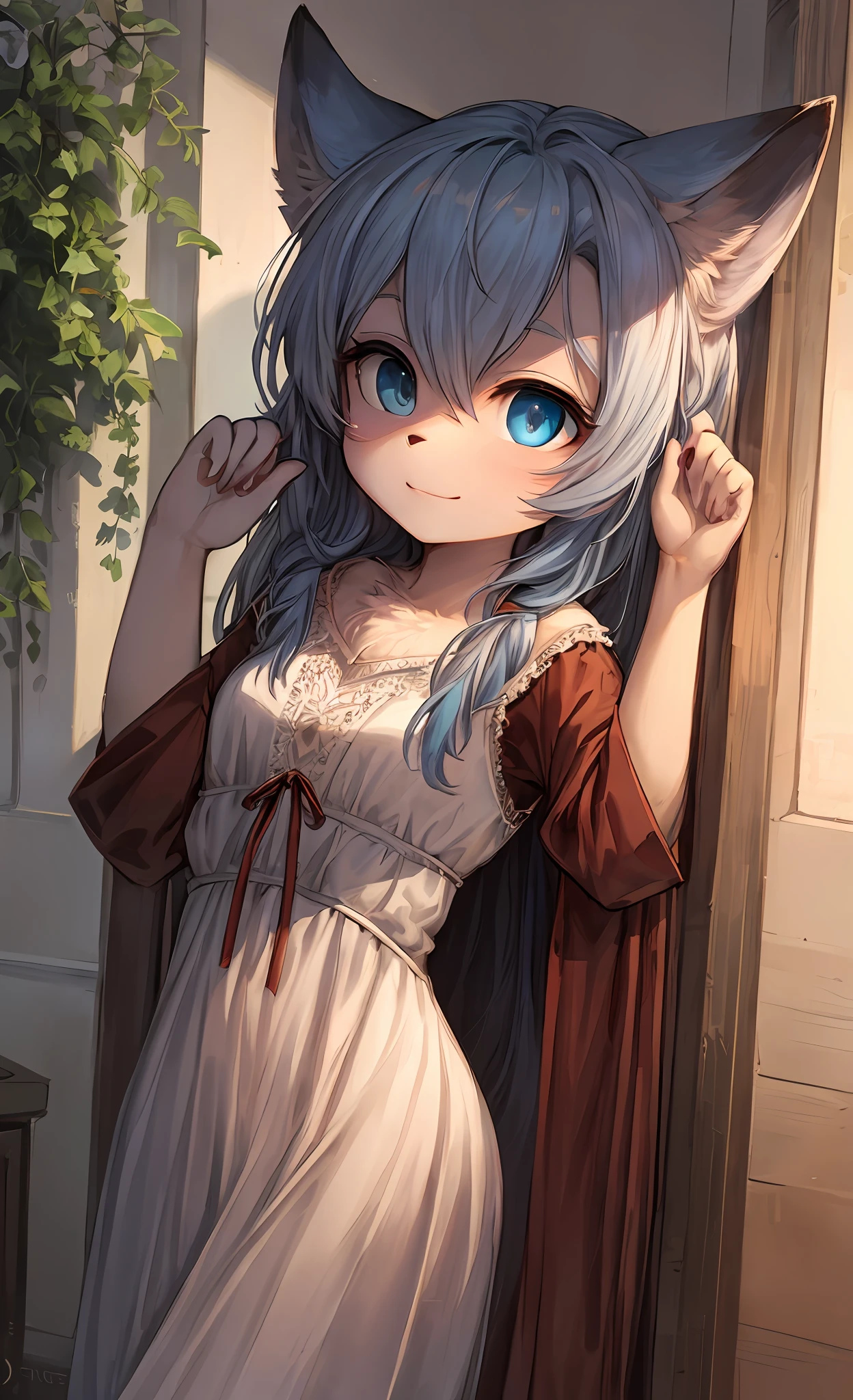 hairy pubic，cute  face，ambient lights，Ultra-fine fur，volumettic light，blue color eyes，White dress，indoor background，Broad-eared fox ears，hand behind back