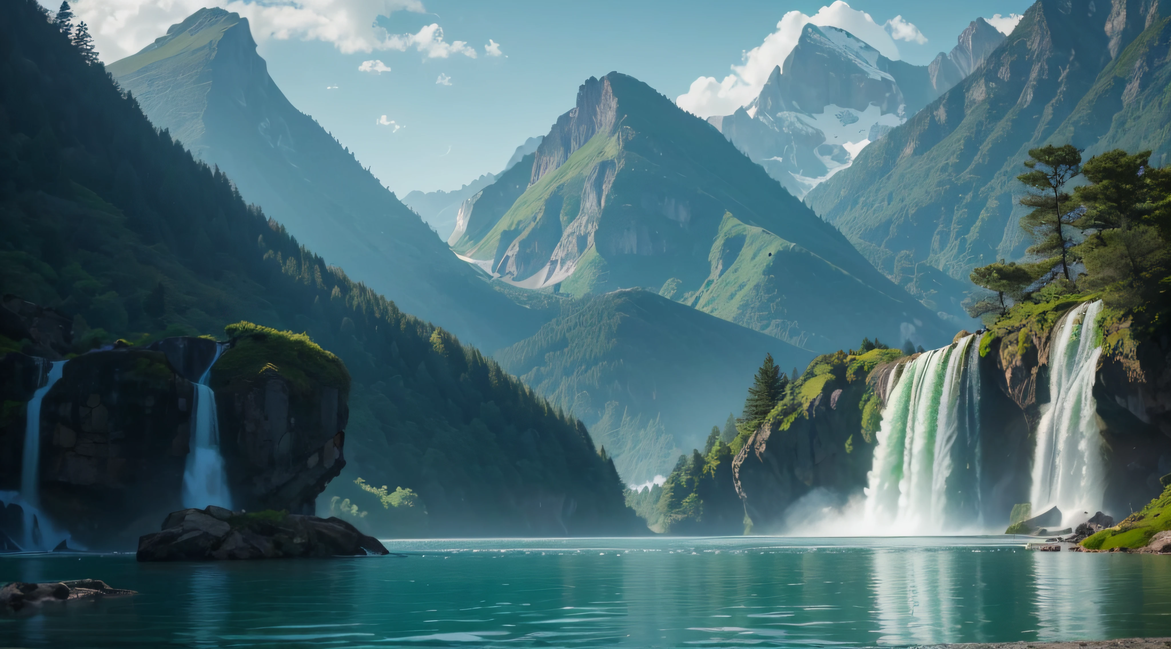 Based on this photo,The mountains are real;The lake is clear,Ripples,The trees are lush,It's like a landscape。