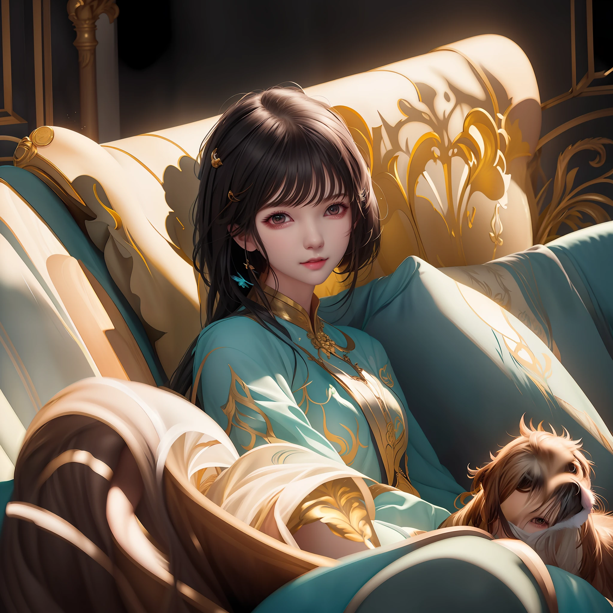 there is a woman sitting on a couch with a dog, Guviz-style artwork, In the style of Ross Tran, inspired by Ross Tran, Loish et WLOP, author:ross tran, Artgerm and Atey Ghailan, wlop and ross thran, Ross Tran 8 K, stunning digital illustration, ross tran and wlop