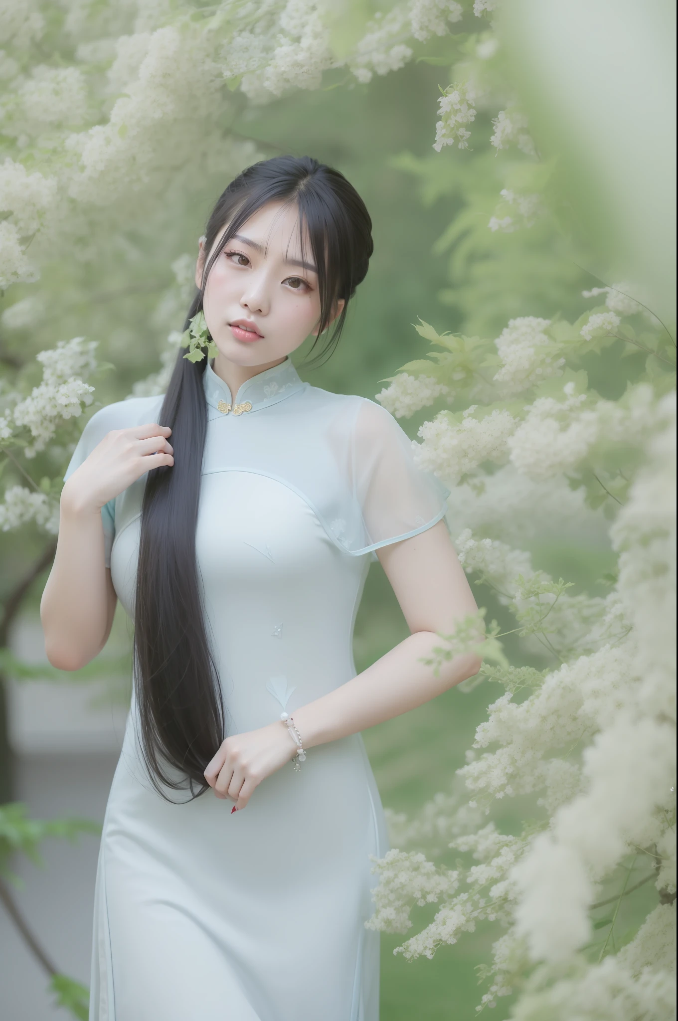 arafed asian woman with long black hair standing in front of a tree, Asian girl with long hair, on cheongsam, Chinese girl, wearing a blue qipao dress, with acient chinese clothes, Traditional Chinese clothing, With long hair, A young Asian woman, Chinese dress, beautiful Korean women, Chinese woman, Korean girl, yanjun cheng