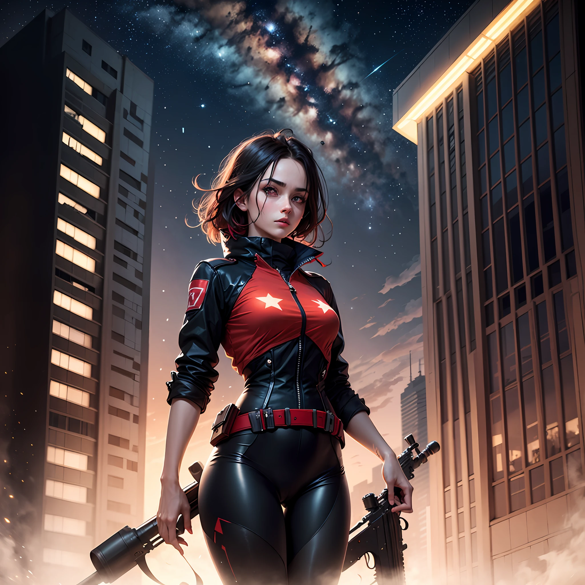 A dark-haired man with a sniper rifle is at the top of the building。, wearing a black tights and clothes glowing red, and the girl's pupils glowing red,Hair strands blow leeward,The sky shrouded in darkness shimmers with stars,The view from the distance of the building is a distant view of the city --auto