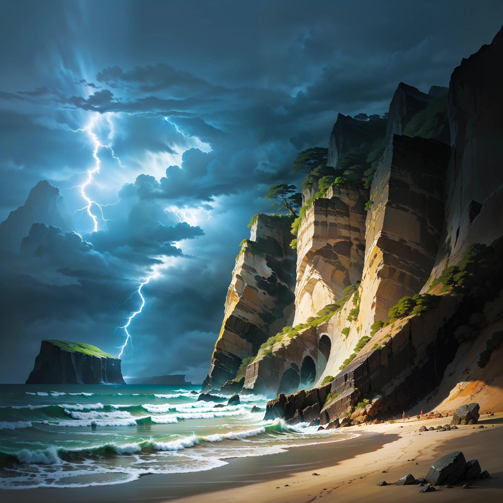 Slope of a beach with black cliffs in a storm with lightning and high tide and night rain
