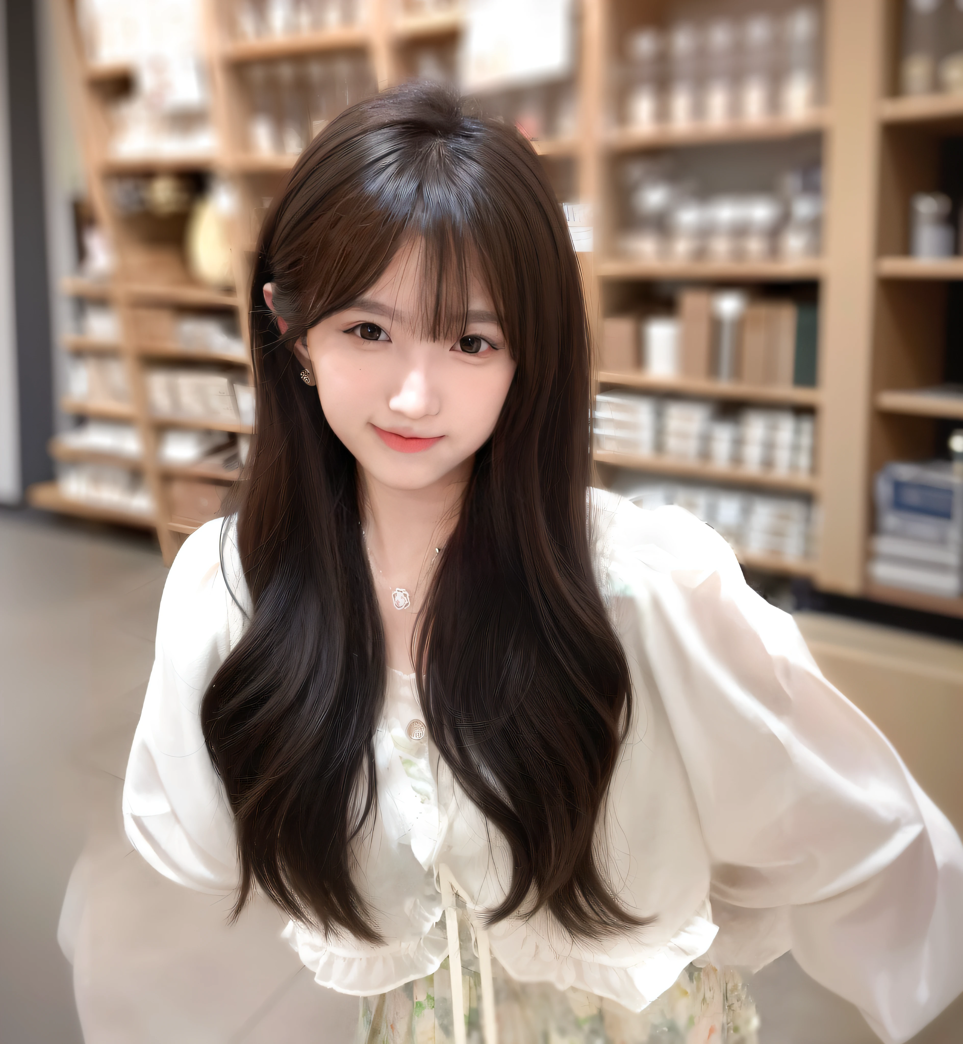 araffe asian woman with long hair and white blouse posing for a picture, ulzzangs, rnlong hair，Thick bangs, Brown hair long，By bangs, jaeyeon nam, Long hair with bangs, tidy hair，By bangs, With long hair, Shin Jinying, With bangs, 8k selfie photograph, young lovely Korean faces, brown  hair，By bangs, wan adorable korean face