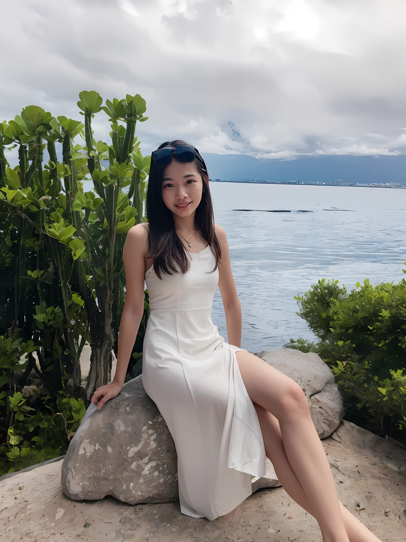 araffe woman sitting on a rock near the ocean, taken in 2 0 2 0, xintong chen, the ocean in the background, taken with sony alpha 9, the ocean in the background, wenfei ye, queen of the sea mu yanling, vacation photo, Shot on Canon EOS R 6, photograph taken in 2 0 2 0