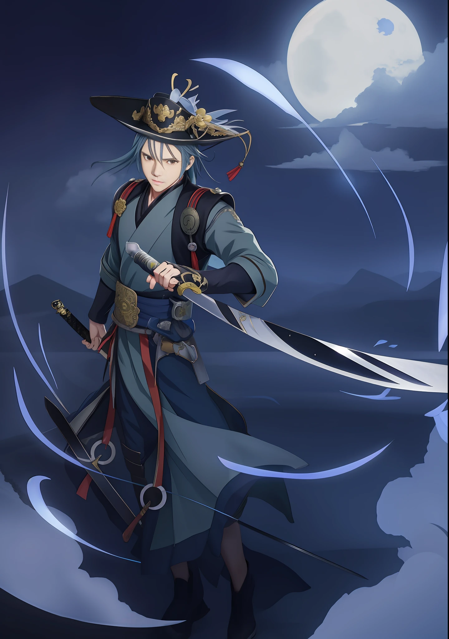 anime character with a sword and hat in the moonlight, shirow masamune, masamune, Swordsman,