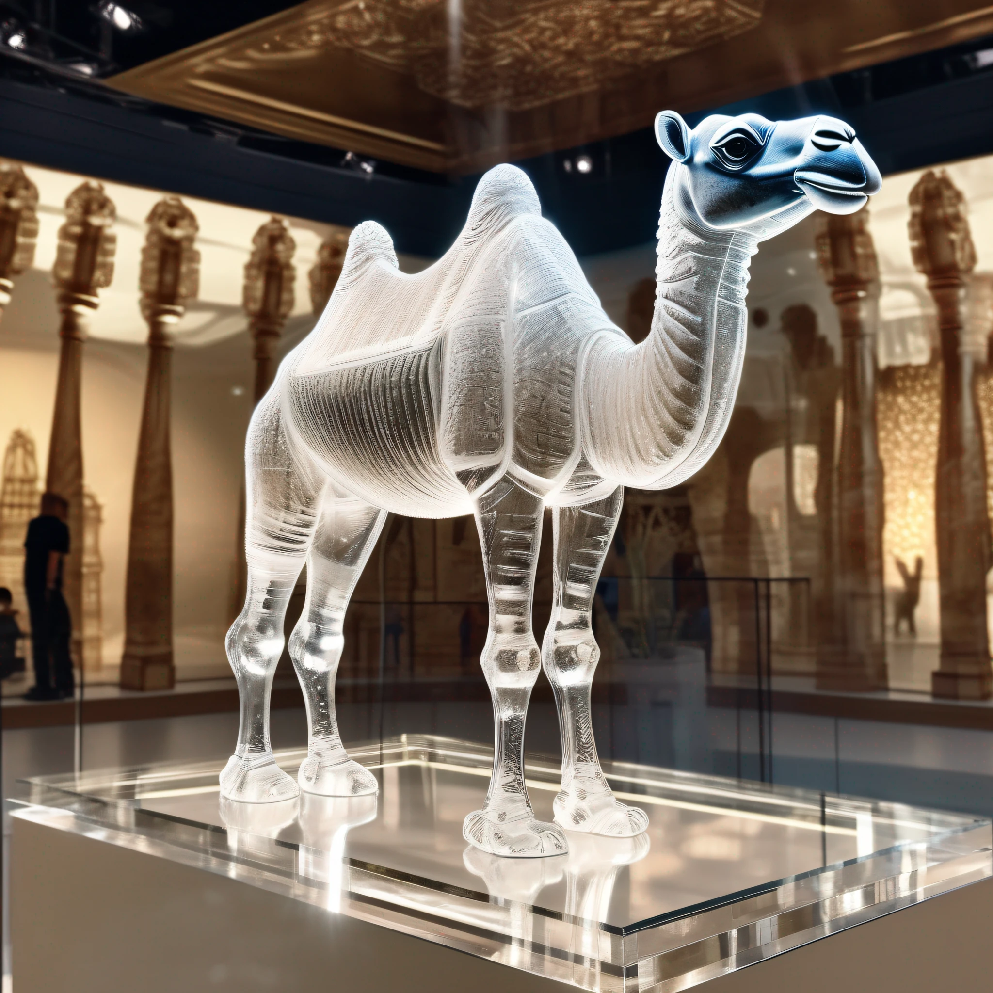 instagram photo, statue of a camel in transparent crystal, wide angle, hyper detailed, crystal eyes, studio photo, made of ornate transparent crystal, on an exhibition altar, museum background