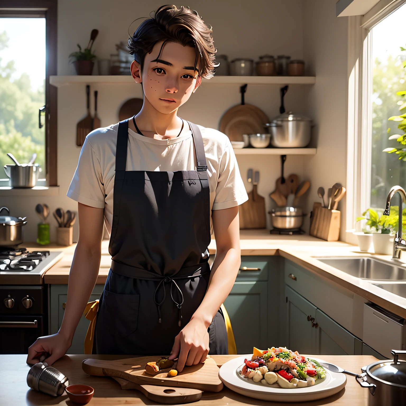 A teenager in an apron prepares for cooking in a sun-drenched kitchen --auto