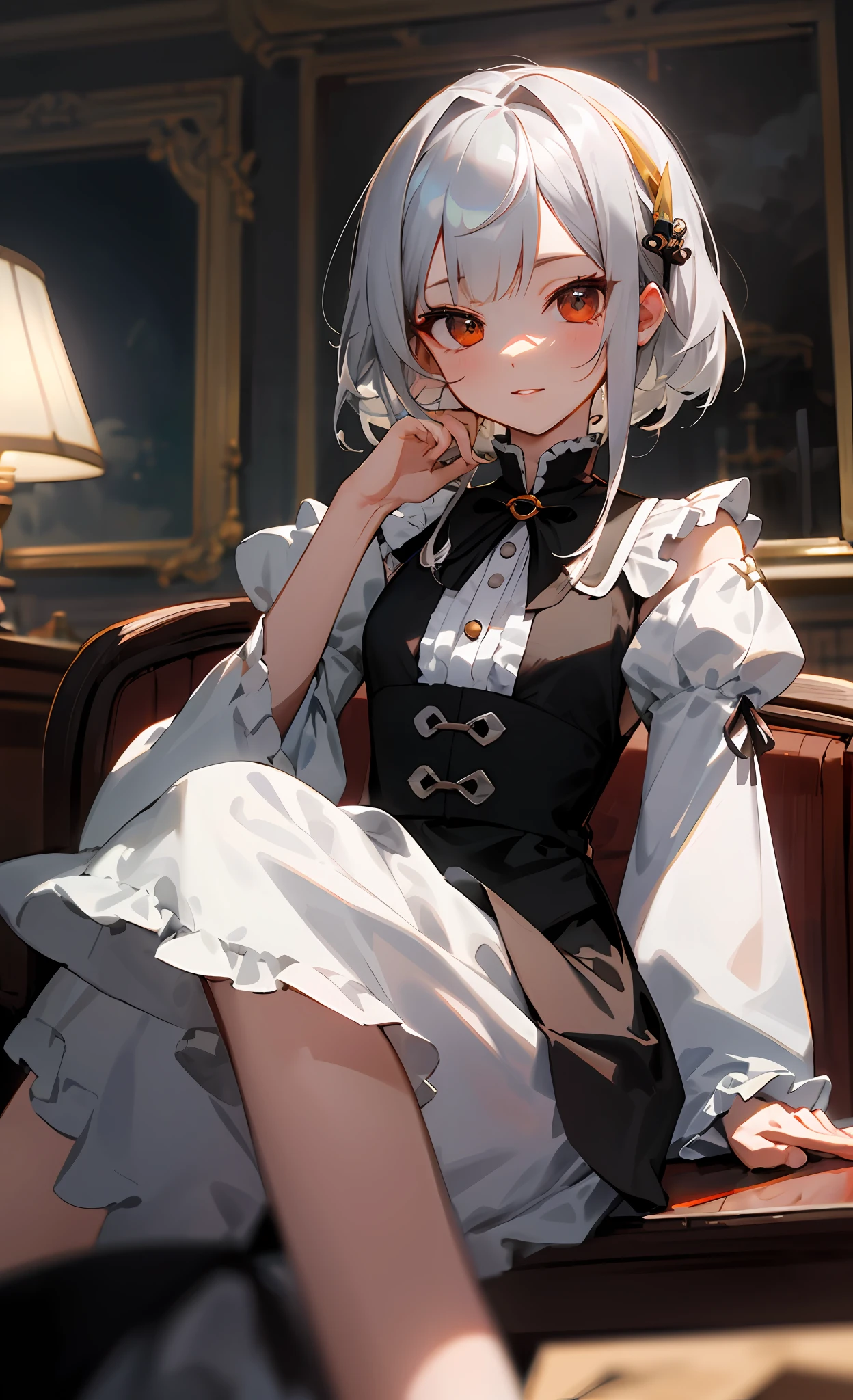 Best quality at best， tmasterpiece， realisticlying， 超高分辨率， Complicated details， 1girll， Jirai is stylish， beautiful  face， Light silver hair， hair adornments， frilled sleeves， skirt with frills， in the dining room， squatt，Ray traching，quadratic element