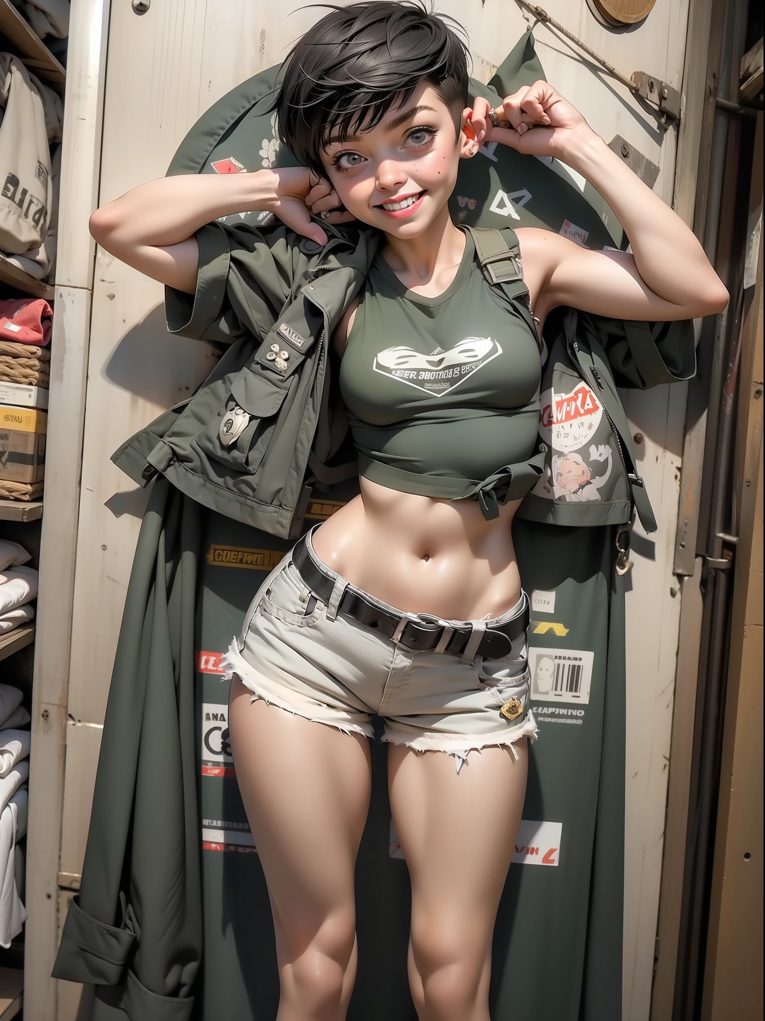 Nijistyle, uma garota furiosa como Tank girl, using a apocalíptico cloth, shorts com cinta liga, joelheiras, luvas camiseta curta mostrando a barriga, tatuagens, cabelos moicanos coloridos, funny with a mocking smile