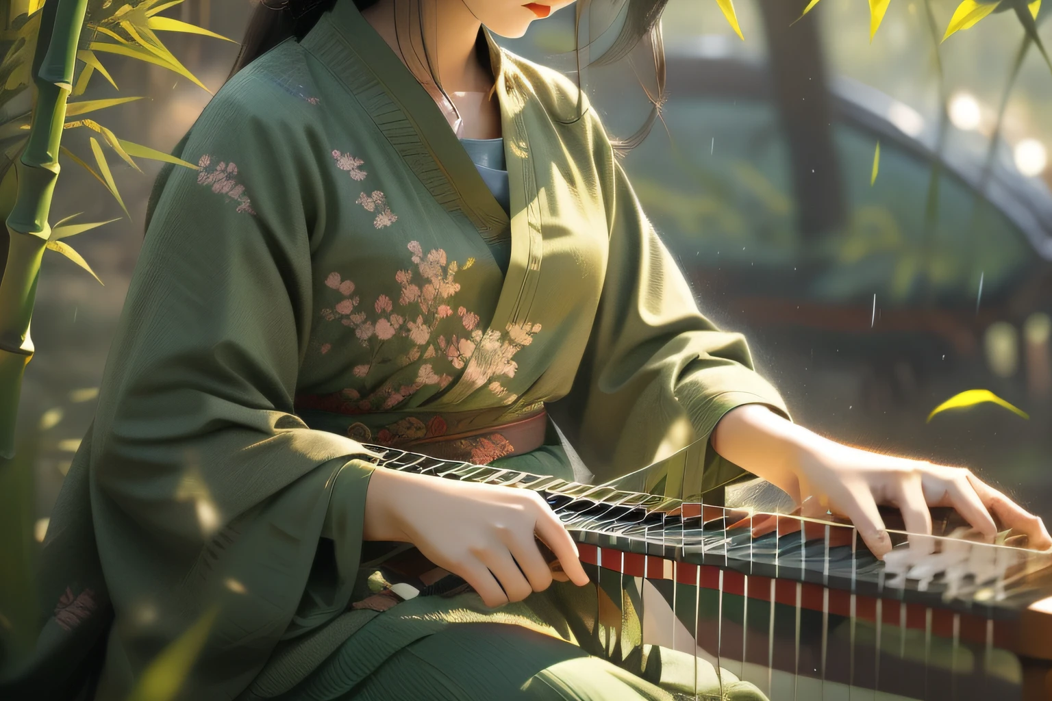 an extreme closeup shot ，The girl in the green dress slipped her fingers over the zither，The sound of the piano is like a gentle wind and rain，The bamboo branches sway with the wind，Bamboo leaves are like sharp arrows shuttling