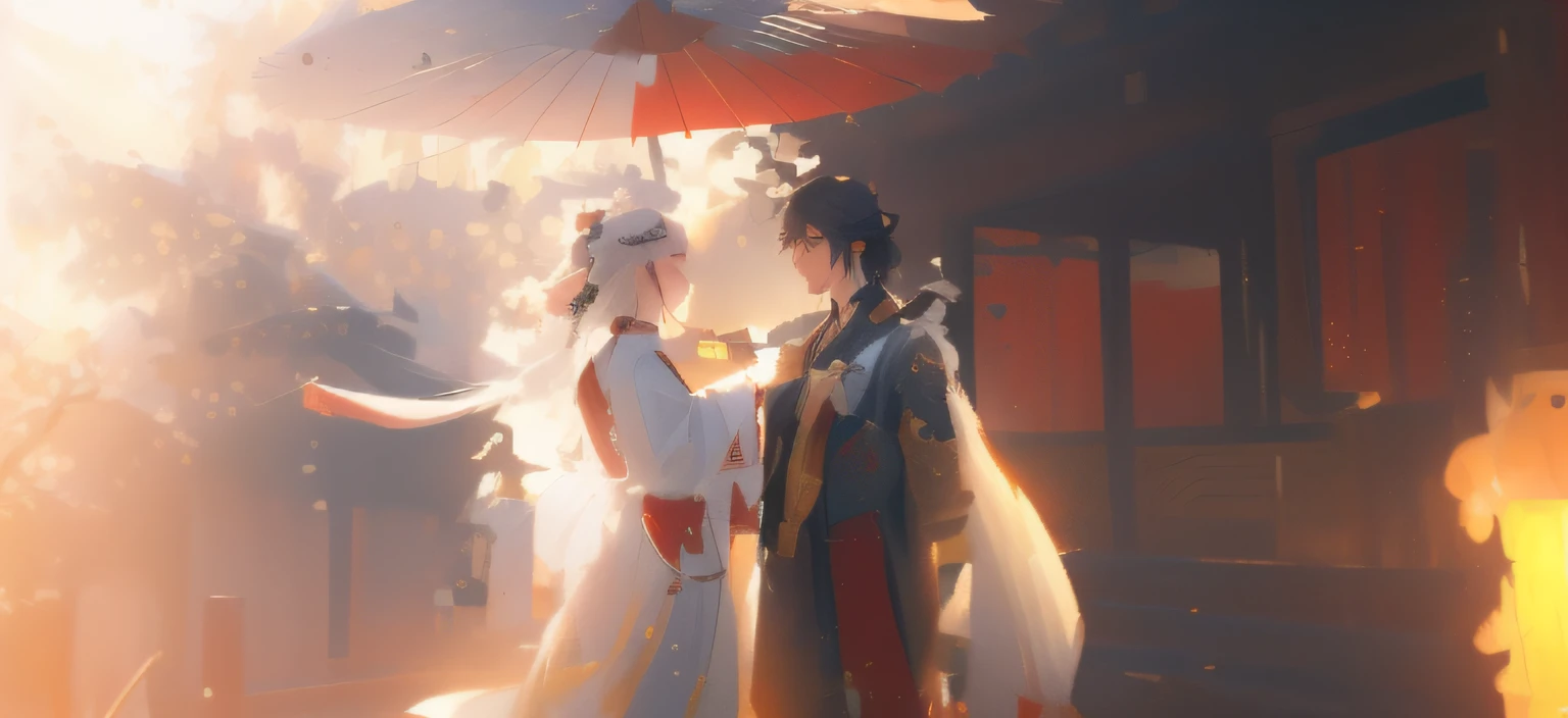 (romantic motifs，The couple hold umbrellas and wear traditional Hanfu，Delicate painting style，WLOP and Sakimichan's style，Elegant cinematic graphics，Guvez artwork style，Detailed movie rendering，8K HD resolution，Unreal Engine builds，white hanfu，full-body wuxia，Game CG rendering style，Trends on CGSTATION)
