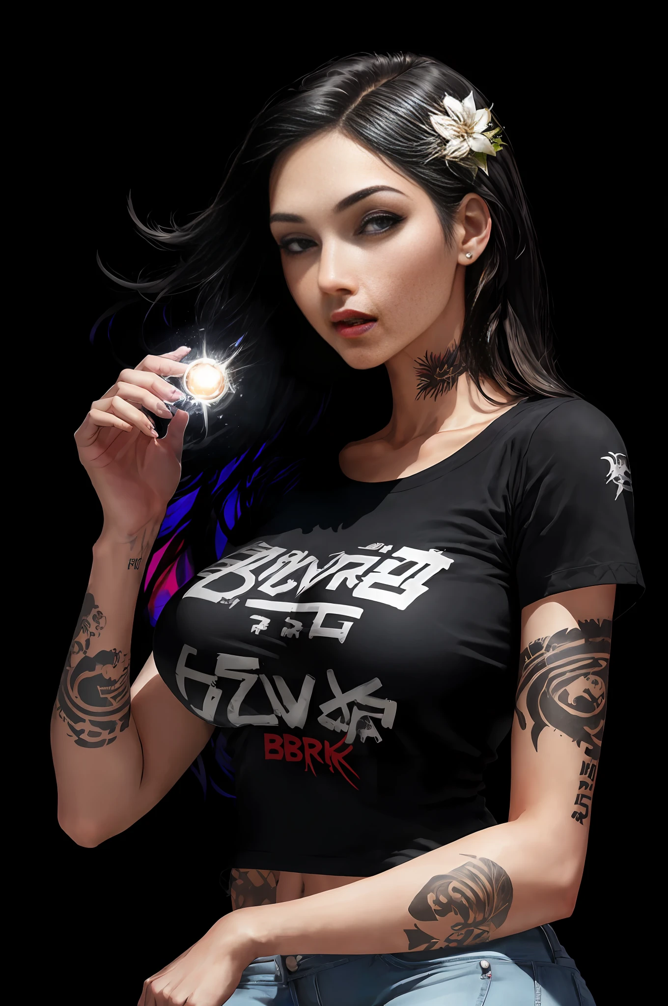 background, mixed-language_text, Japanese letters in graffit, Kelly Brook beautiful woman, long black hair, excellent lighting, sidelighting, perfect ultimate (flat color: 1.3), (magazine_cover: 1.4), (multicolored_background: 1.3), striped_background, card_background, :: discs with sharp and shiny blades in the hand :: circular pieces of white metals glued to the ultra detailed arms coming out sparkling glow, black star design stamped in the middle of the shirt , Perfect and detailed sculptural body, ultra detailed shirt with abstract design and with Japanese letter print in grafit of the sides of the clothing, worn jeans, big breast, with immersive effects, hover effect, background graffiti style tribal tattoo with flowers and vibrant colors, "ultra HDR" detailed and with focus effect, (masterpiece: 1.2, best quality), (beautiful eyes with huge eyelashes finely detailed: 1.2), , ((Solo)), (Finely detailed eyes and detailed face :1.3), perfect hands with 5 fingers and ultra detailed