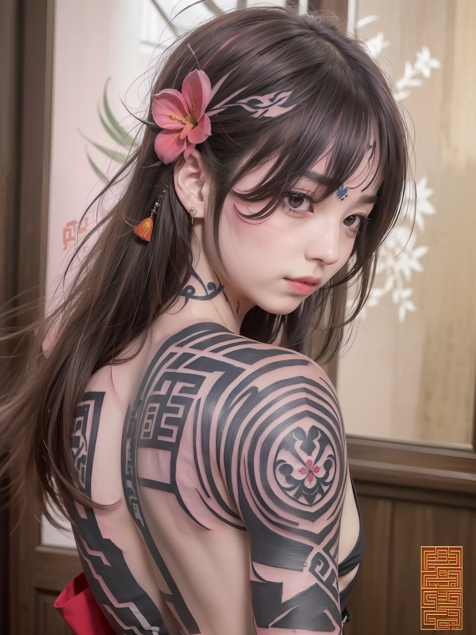 (masterpiece best quality:1.4)、1girl in、(chinese text tattoos:1.7)、独奏、Back tattoos、flower in hair、length hair、blue eyess、Looking at the front、Back tattoos、Tattoos on the chest、Tattoos on both arms、Navel Tank Top、A dark-haired、tassels、bare shoulders​、Hanfu、backs、bangss、The upper part of the body、耳Nipple Ring、in a house、off shoulders、jewely、Eye lashes、s lips、profile、sliding paper doors、 piercings