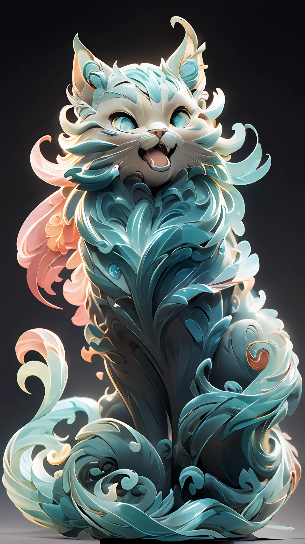 in the shape of a cat,Bling background,Dreamy colors,Transparent statue,florals,Big eyes,red colour,Open-mouthed,laughingly,tmasterpiece,(best qualtiy:1.3), full bodyesbian,Ling_Long