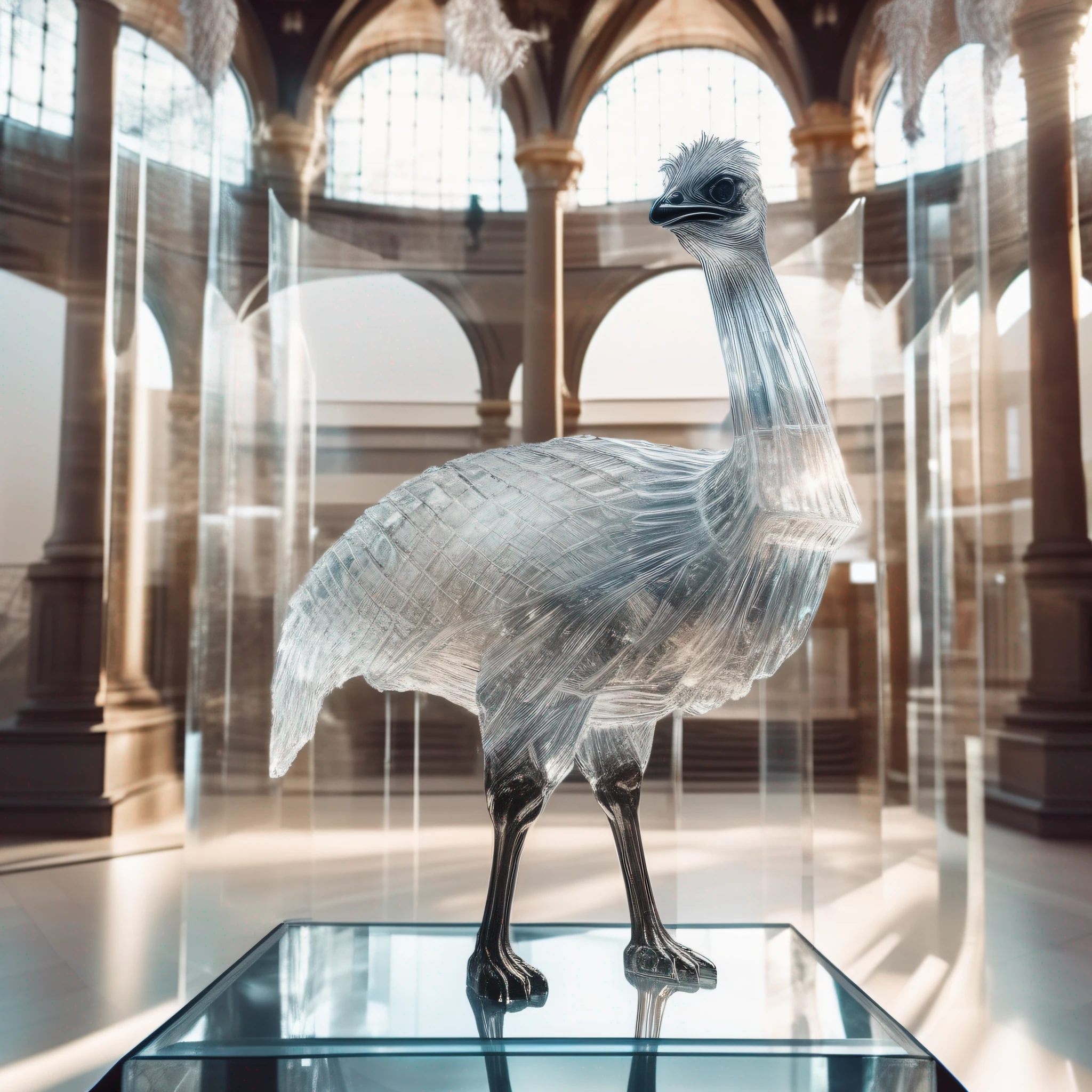instagram photo, statue of an emu in transparent crystal, wide angle, hyper detailed, crystal eyes, studio photo, made of ornate transparent crystal, on an exhibition altar, museum background