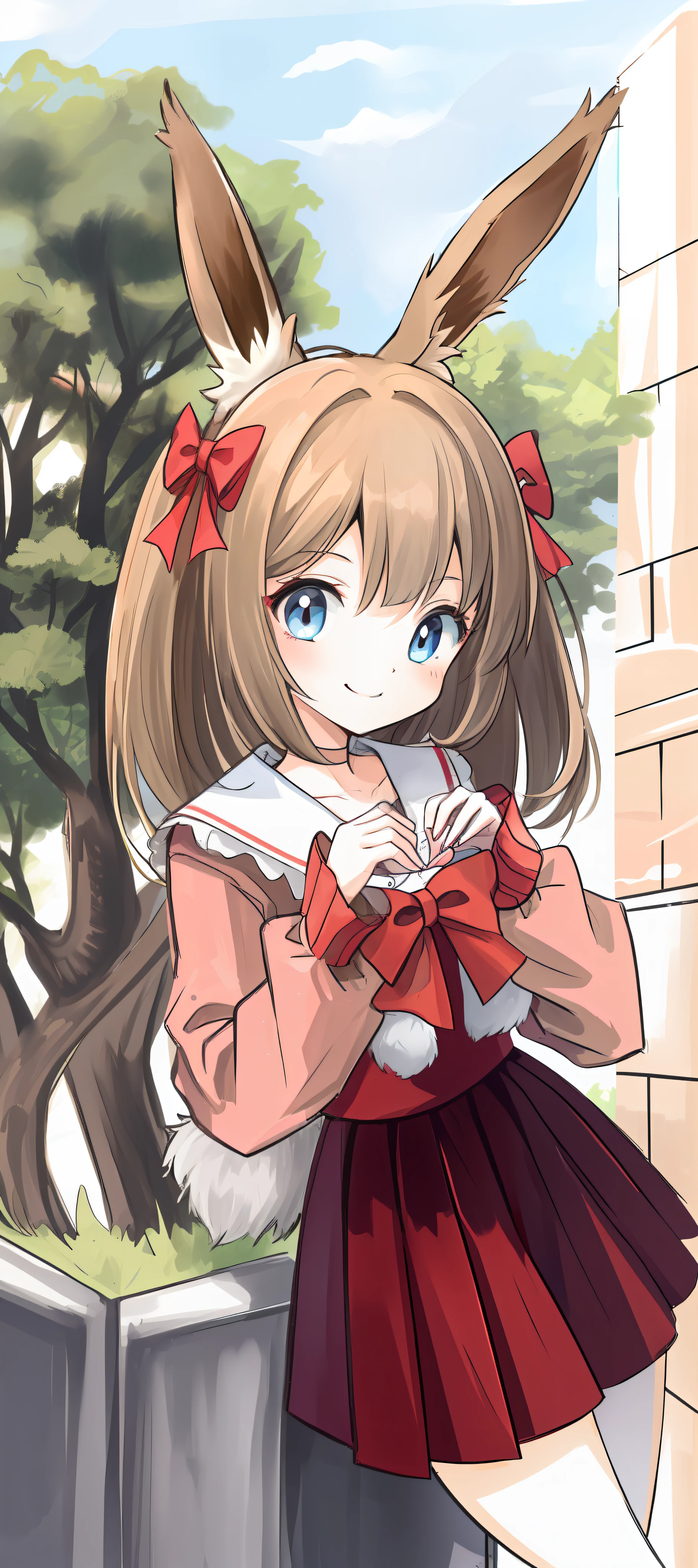 pokekid, eevee, fluffy girl, furry girl, female, smile, smiling, has a big pretty bow in her hair, has animal paws for hands, 1girl, best quality, outdoors, high definition, cute, cum, deep throat, stuck in wall