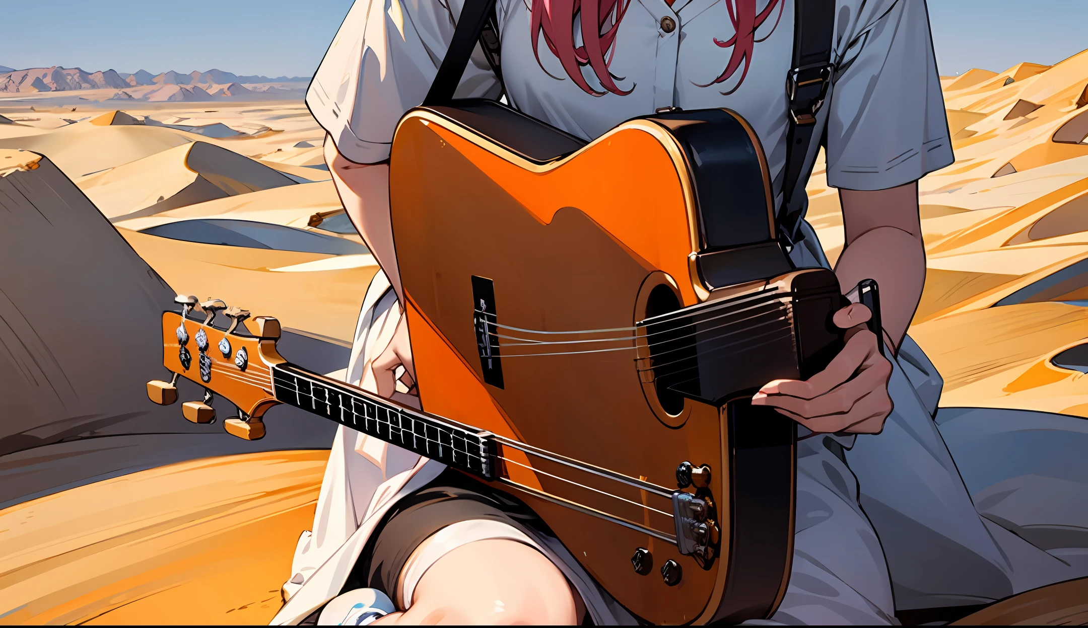 Menina tocando guitarra no deserto