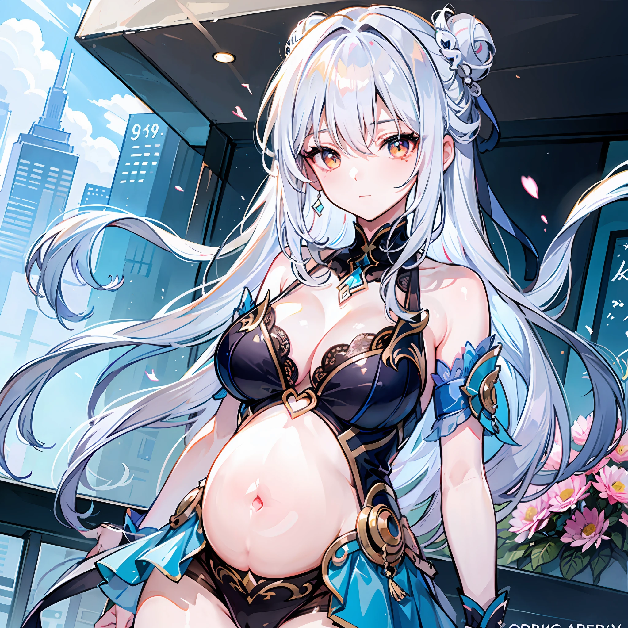 tmasterpiece, Best quality, (Detailed eyes and skin), ((Realistic)), Mirror flow, 1girll, The blonde_Hair, Yellow_clothes, black_clothes, Blue_Eyes, Blue_sky, bblurry, bblurry_Background, bblurry_foreground, (modern_City:1.5), mediating_Breasts, Exercise_bblurry,The photograph_\(curly\),The long-haired,Skysky,独奏,Upper body body,Pregnant belly,Beth,Showing the belly,youthfulenergy,18-year-old girl,adolable,Two-dimensional painting style,Pregnant women with,Best quality, 8K, High quality,, hair adornments, cone hair bun, Long hair, double bun hair, bangs, bow, maid headdress, Large Thigh, Stockings, white thighhighs, cleavage cutout, Face focus, Close up, (Heart-shaped pupils:0.9), (Blush:0.65), (1girll, Solo:1.4), Cityscape, Blue sky, Bright sky, Sunny, holding flower, Large breasts, Detailed background, Detailed clouds,Pregnant belly,Two-dimensional painting style,(Masterpiece), Best quality, Fine details, Highest picture quality, Masterpiece,exquisite CG,1girll,Closed mouth,Brown eyes,Long hair,bangs,Bare shoulders, cleavage,(Big breasts:1.4),Bare arms,Pink bikini,navel,Lace,garterbelt,Thighs,,White pantyhose,water,hyper pregnant,Girl,SushangV4,Yae,SideBraid,