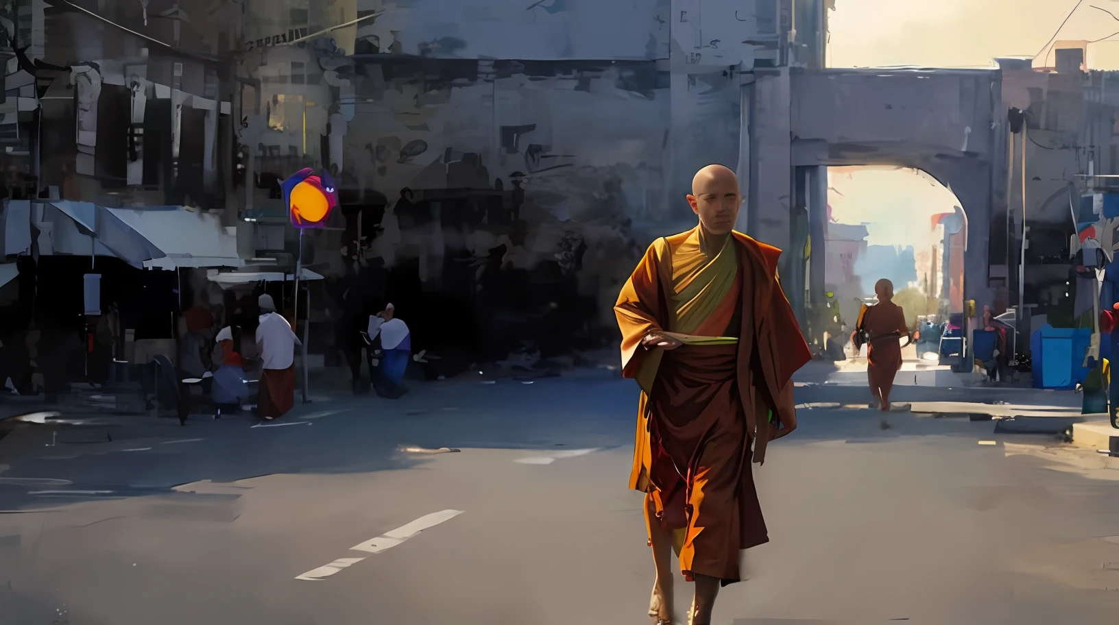 （Realistis：1.4）arafed monk walking down the street in front of a bus, buddhist monk, 2 1 st century monk, monk clothes, monk, monk meditation, Buddhist monk meditation, laos, monk, inspired by Steve McCurry, Buddhist, portrait of monk, begging for alms, street life, On the road to enlightenment, full body picture of a male monk