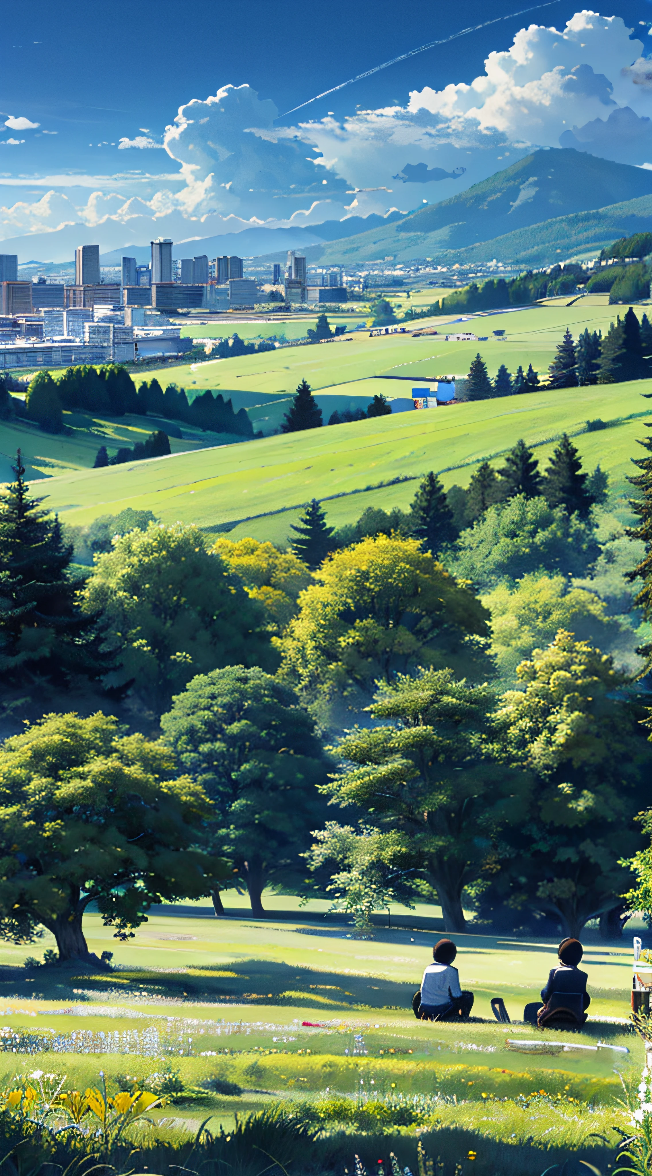 Vast and majestic skyline、The big sky occupies two-thirds of the photo、Girls and boys in school uniforms sitting side by side in the meadow、There is a deserted Japan city in the distance