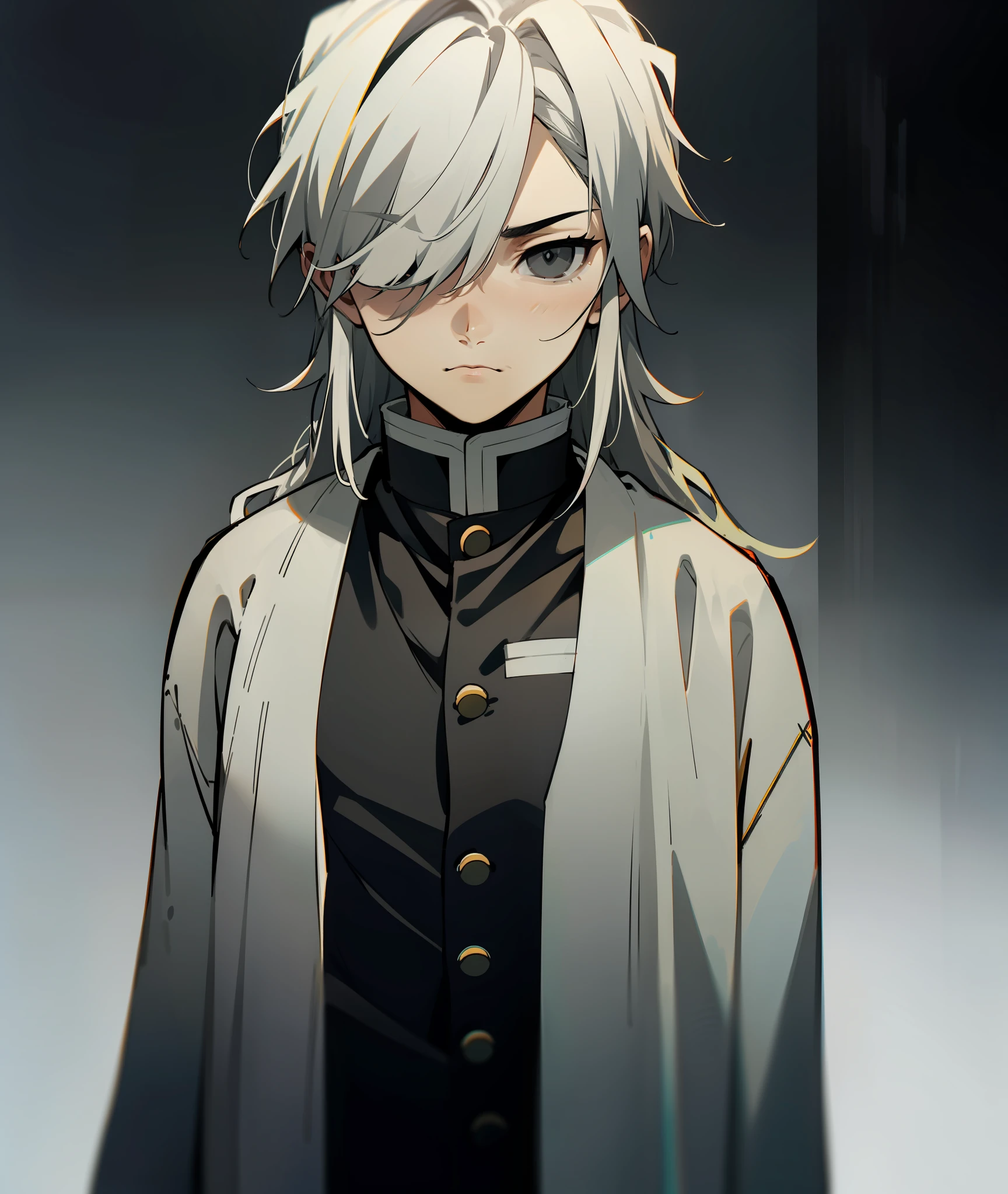 1boy, grey hair, long hair, black eyes, grey haori, calm, tired, tall, grey clothes, face shot, face, sharp eyes, black eyes, missing left eye, left eye covered, missing left eye, demon slayer uniform