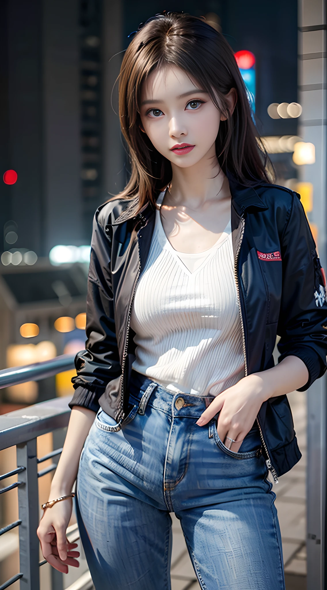 1girl, stylish outfit, fitted jeans, oversized jacket, fashionable accessories, (realistic detailed eyes, natural skin texture, confident expression), cityscape backdrop, rooftop or high-rise balcony, dynamic composition, engaging pose, soft yet striking lighting, shallow depth of field, bokeh from city lights, sharp details, highly detailed, hyper-realistic, 50mm lens, naturally blurred background.