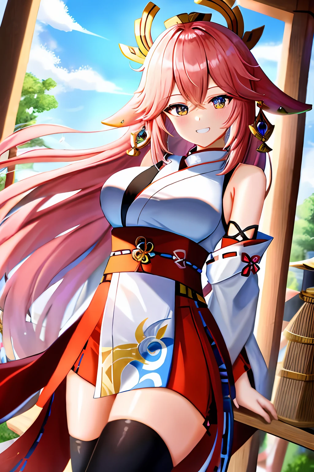 (tmasterpiece:1.3), (best qualtiy), 1girll, Large breasts, very vey very detailed face, white backgrounid, A high resolution, absurderes, grin, standing on your feet, 非常详细, looking at viewert, cowboy lens, 独奏, vivd colour, yae miko (genshin impact), pupils in symbol shapes, Long pink hair, shrine maiden clothe, The arms are behind the back