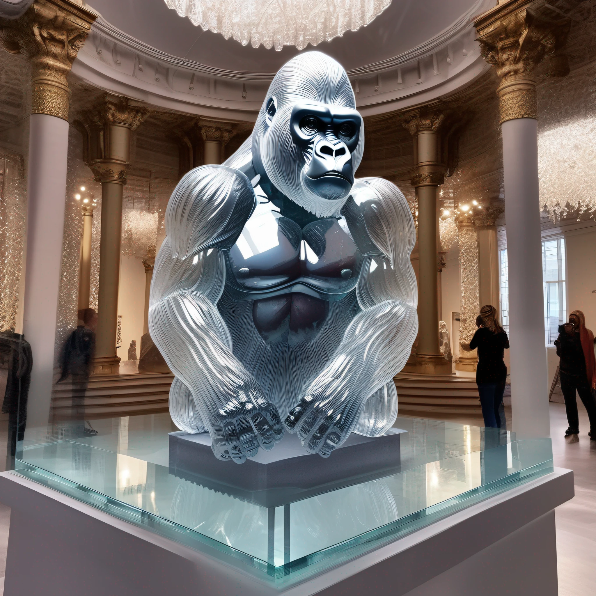 instagram photo, statue of a gorilla in transparent crystal, wide angle, hyper detailed, crystal eyes, studio photo, made of ornate transparent crystal, on an exhibition altar, museum background