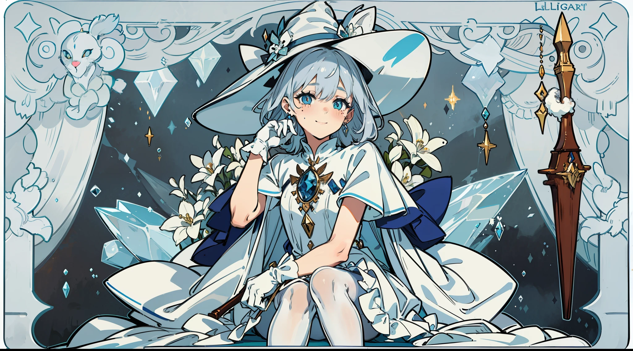 (sitting in a luxurious mahogany chair) (Silver hair) (ice-white eye pupil) (small li) (white cat's ear on the head) (ice flower in the eye pupil) (tear-mole) (long wand in both hands) (Witch hat) (blue-and-white witch hat) (blue-and-white long dress) (White pantyhose) (No shoes) (White gloves) finger detail depiction (ice jewel earrings) (tear-mole) (Shy smile) (Blushing),White pantyhose