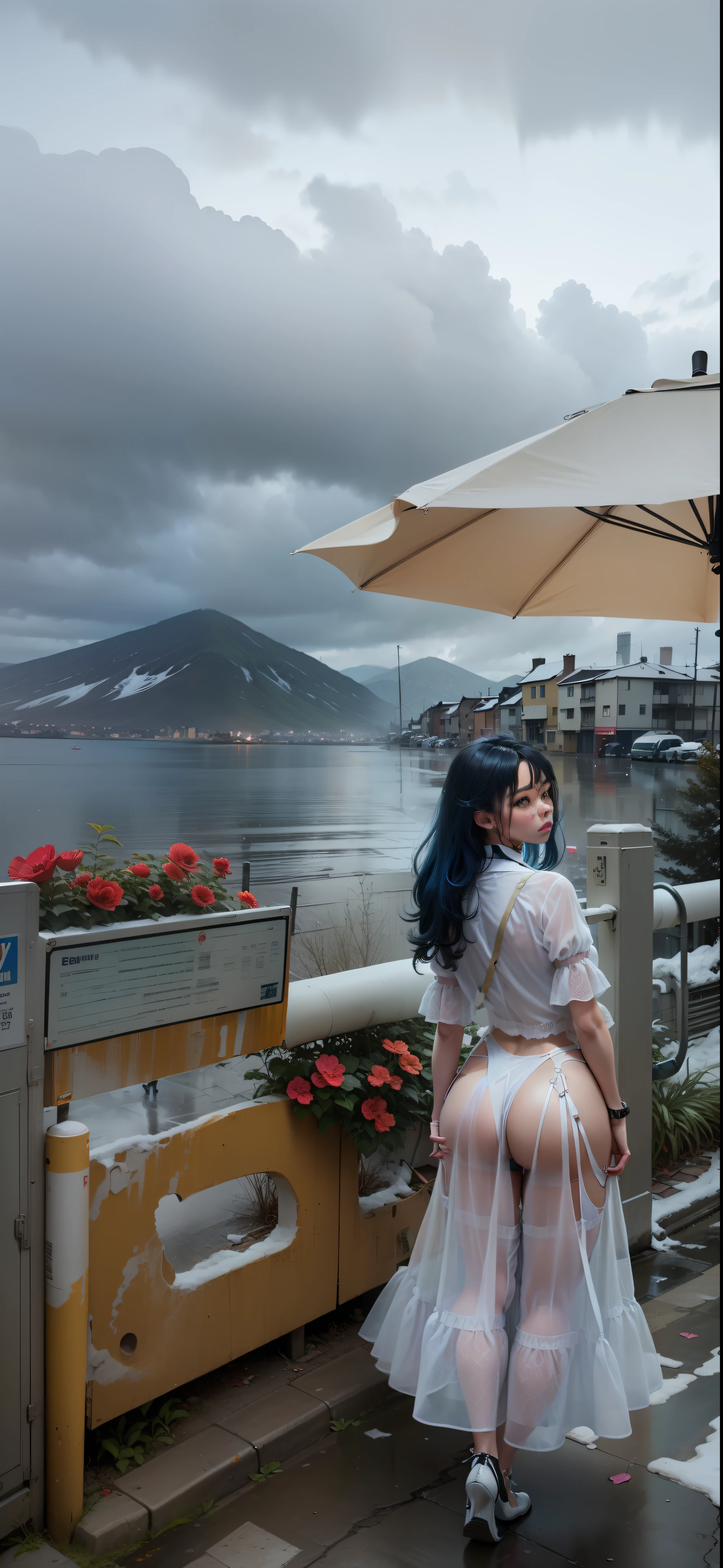 （best qualtiy，tmasterpiece：1.3）， 1girll， rainy days， mist， alleys， umbrellas， Large and transparent umbrella， looking at viewert， blue  hair， facing the photo， Cyberpunk-city， Alone in the alley， Neon lights in the alley， Very reflective city， The long-haired， Hair-sized strands cross the alley， Riman， jpn， toyko， Garter belt on one leg， Knee pads on the other leg， perfect hand，delicated，bareness，Bare buttocks，sneak shot