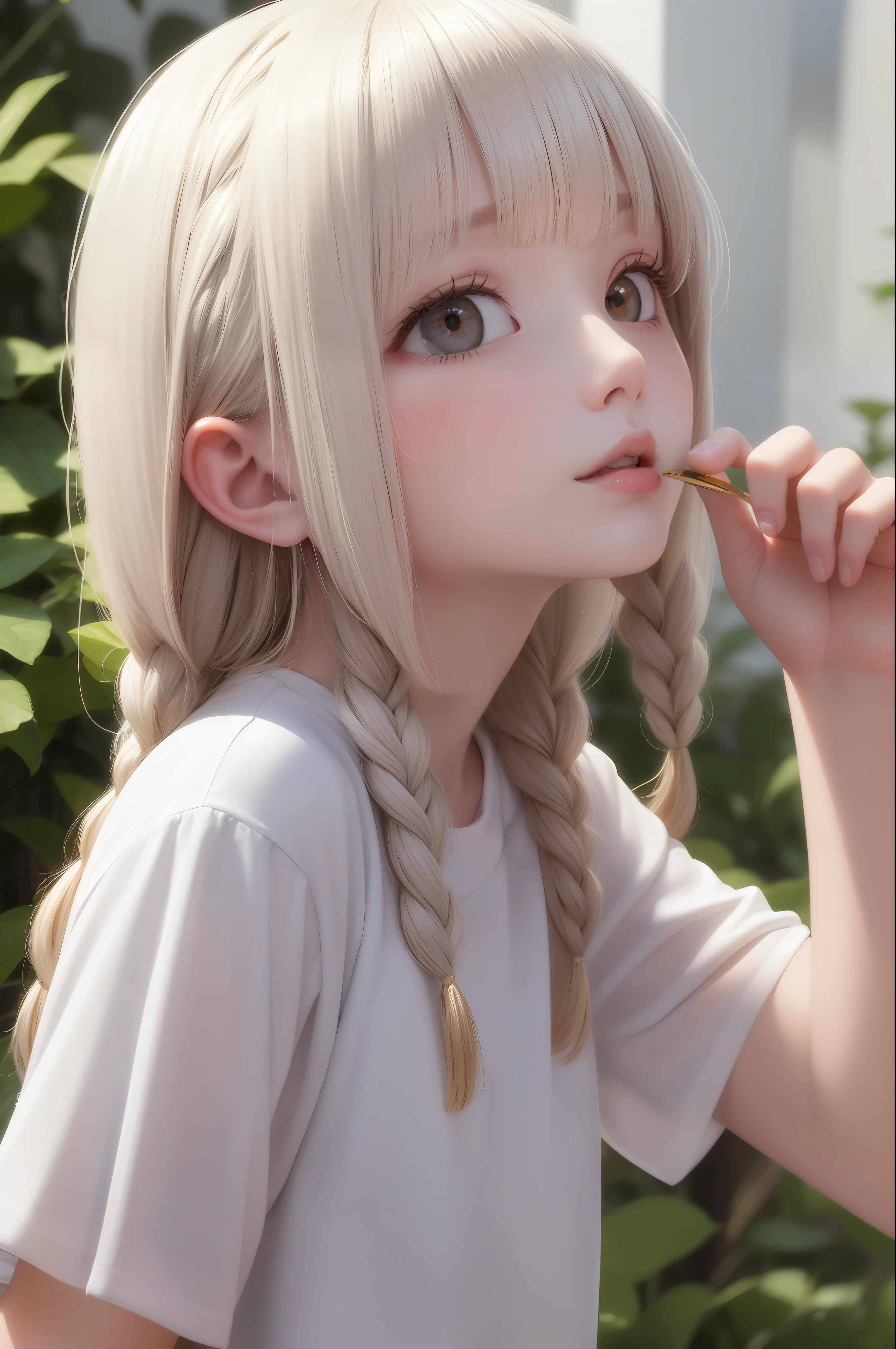 best quality, masterpiece,white hair, gold eyes,white clothes, looking up, upper body,hair strand,Fair skin,side braids