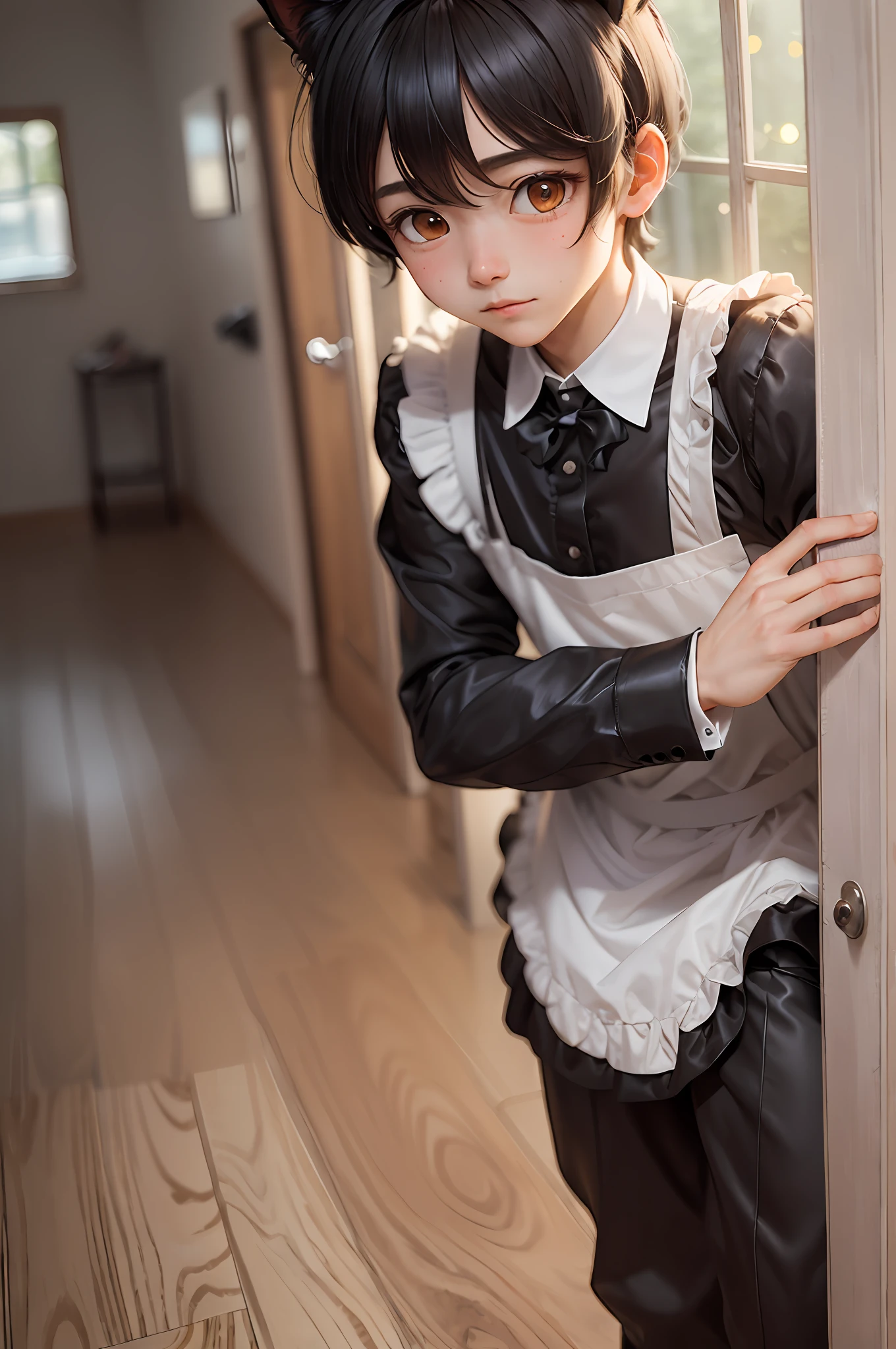 A shy boy，Wearing a maid outfit，In his mature masculinity，Black hair and brown-red eyes twinkle。He carries a pair of cat ears，Exudes a gentle and moving atmosphere。