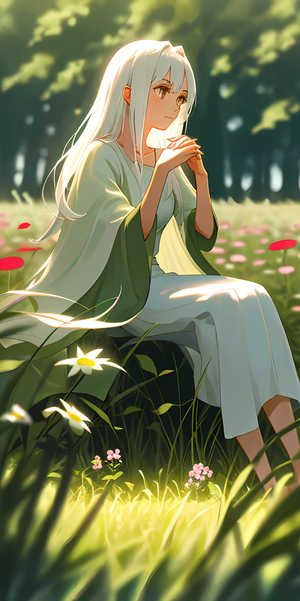 (Masterpiece, best quality), 1 long girl with white hair sitting in a field of greenery and flowers, her hands under her chin, warm light, nudity, blurred foreground