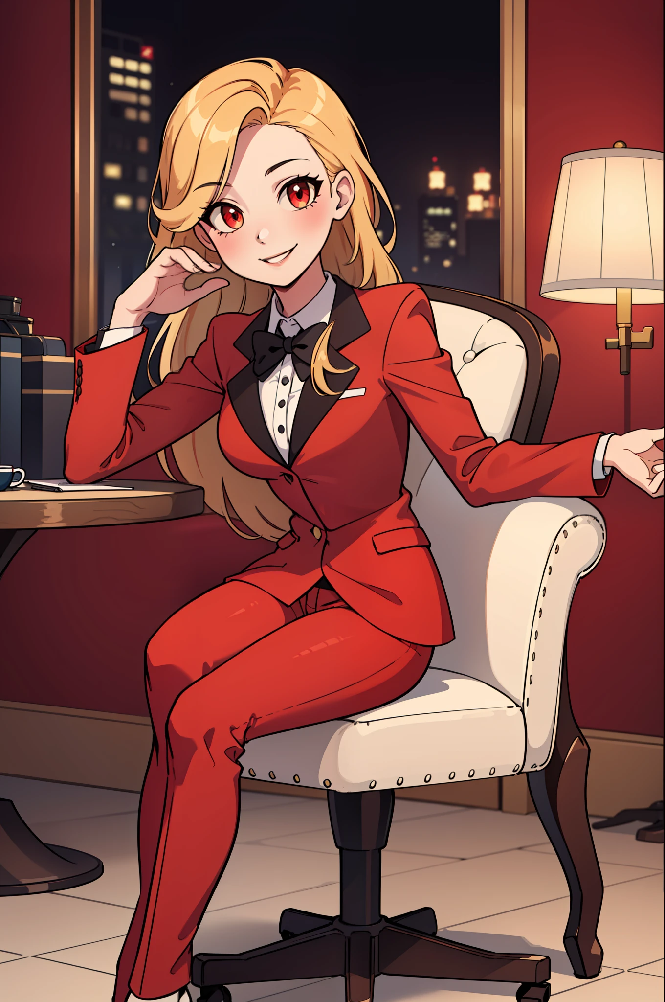 (masterpiece, best quality:1.2), solo, 1girl, charlie morningstar, smile, looking at viewer, sitting in an armrest chair, long hair, red suit, red pants, hotel