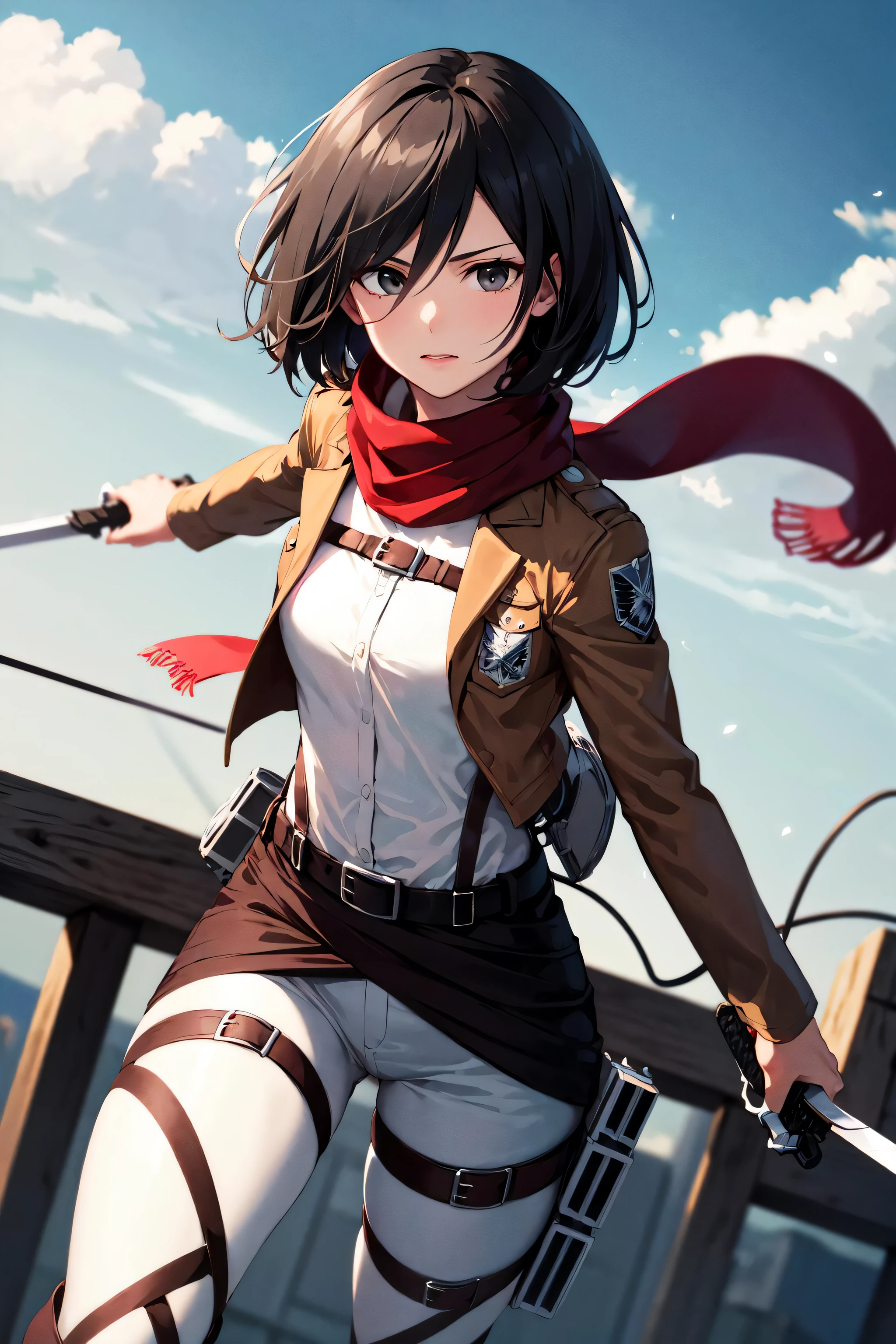 masterpiece, best quality, highres, hmmikasa, short hair, black eyes, scarf, emblem, belt, thigh strap, red scarf, white pants, brown jacket, long sleeves, holding weapon, sword, dual wielding, three-dimensional maneuver gear, fighting stance, sky,