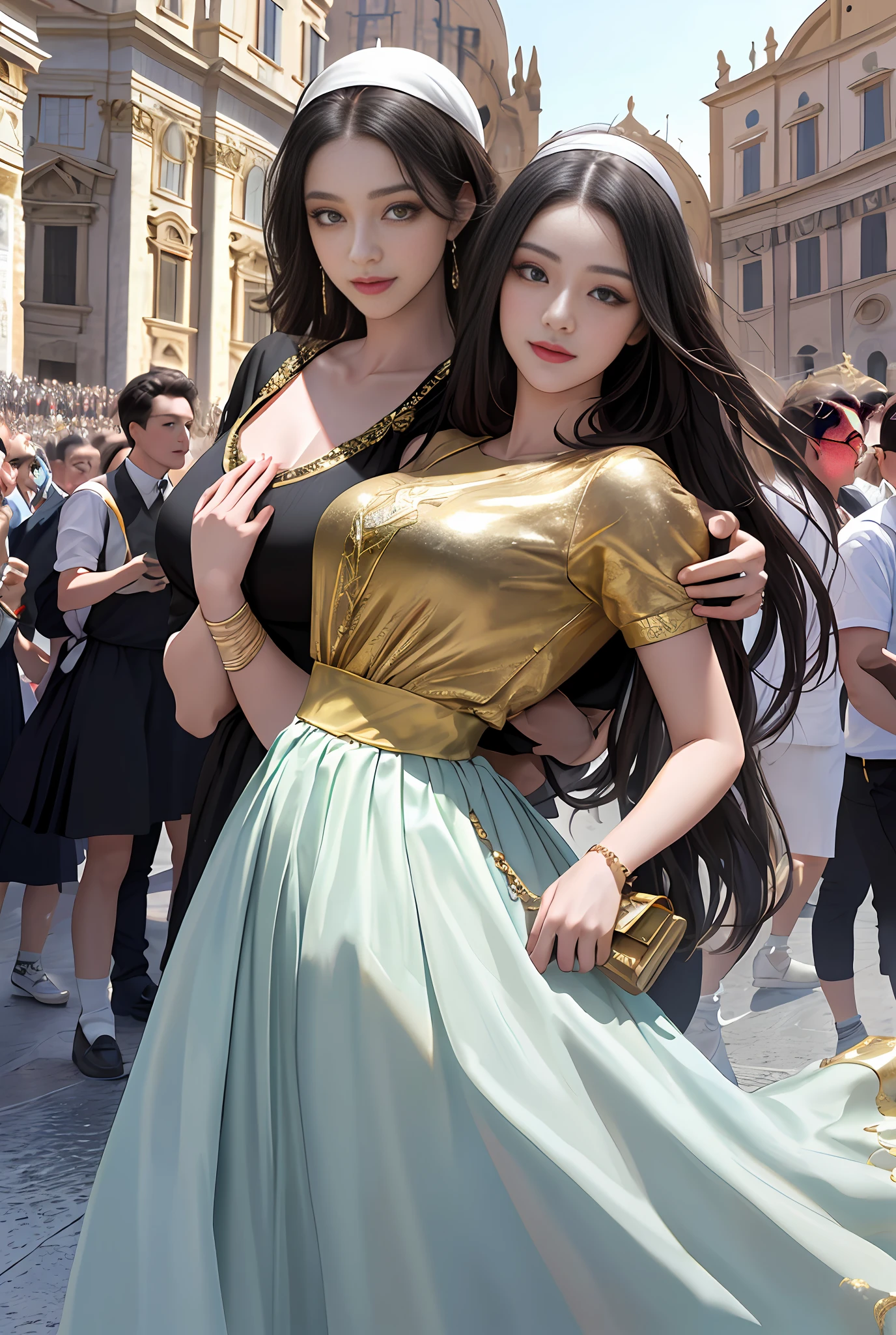 (巨作, Best quality, Realistic),
2girls,duo,(on the St. Peter's Square of Vatican,crowd of), sankta. Peter's Square of Vatican background,gypsy dress,(Princess Eyes,shiny pupils),Dancing,  gold, banquet, crowd of, picking up skirt,
[Slight smile],