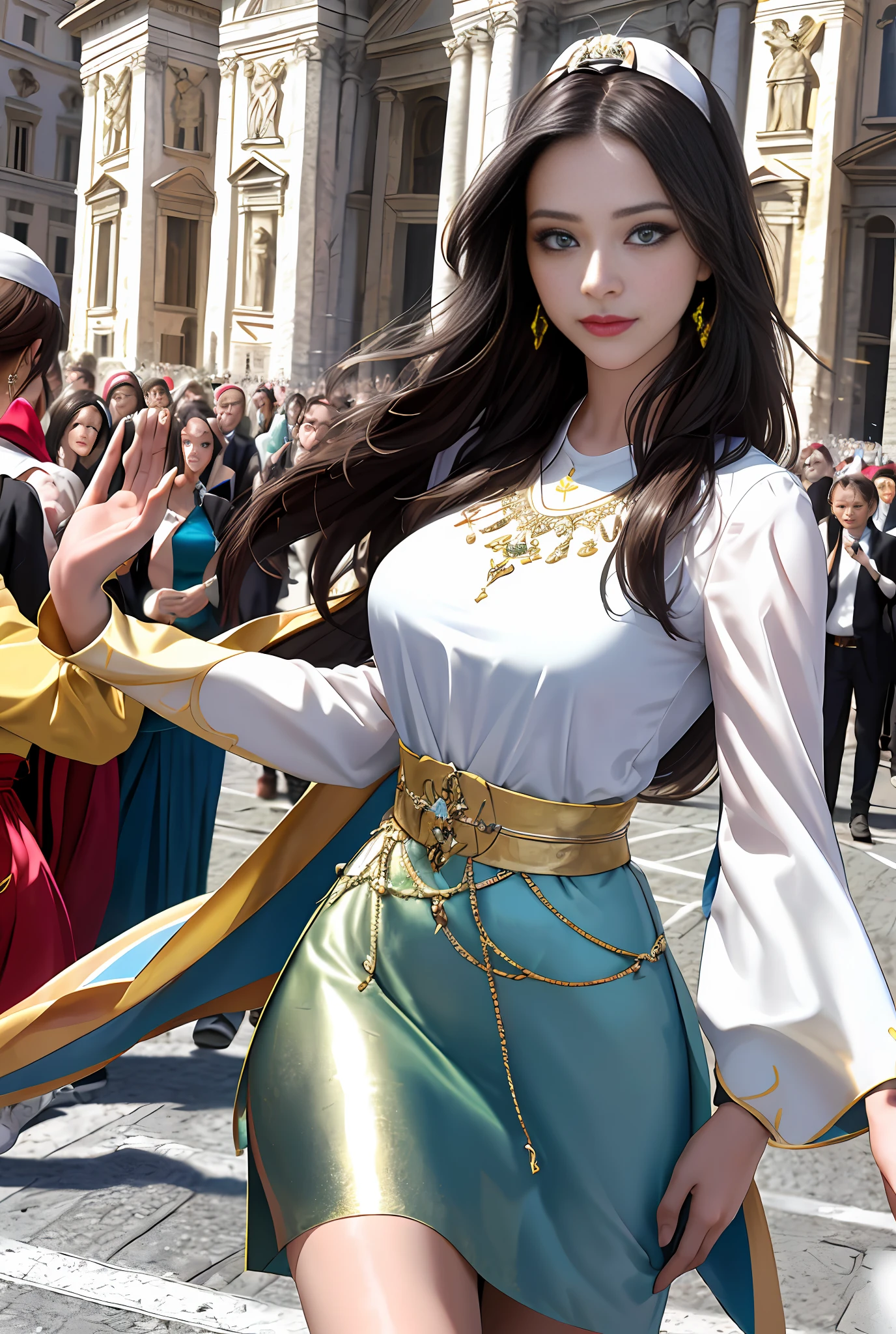 (巨作, Best quality, Realistic),
2girls,duo,(on the St. Peter's Square of Vatican,crowd of), sankta. Peter's Square of Vatican background,gypsy dress,(Princess Eyes,shiny pupils),Dancing,  gold, banquet, crowd of, picking up skirt,
[Slight smile],