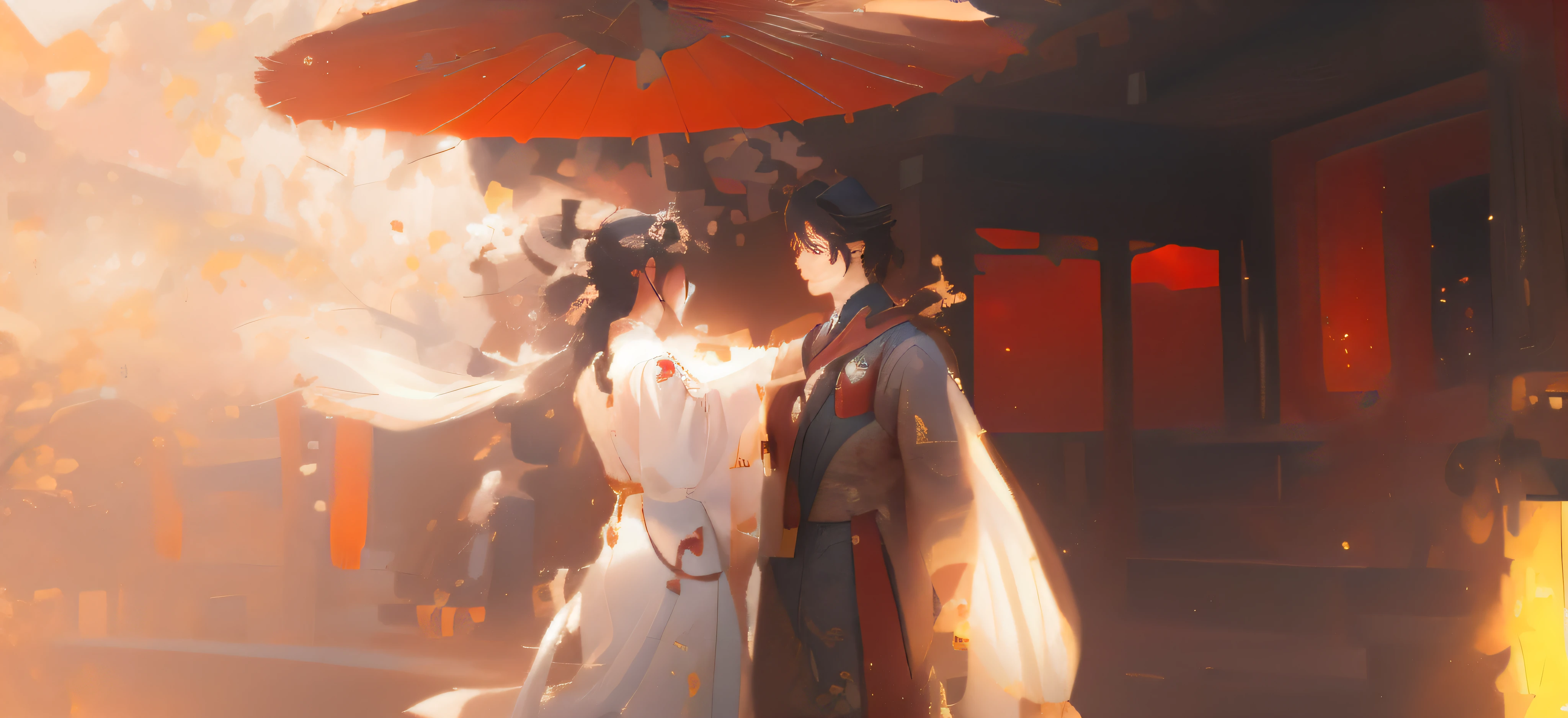 (romantic motifs,The couple hold umbrellas and wear traditional Hanfu,Delicate painting style,WLOP and Sakimichan's style,Elegant cinematic graphics,Guvez artwork style,Detailed movie rendering,8K HD resolution,Unreal Engine builds,white hanfu,full-body wuxia,Game CG rendering style,Trends on CGSTATION)